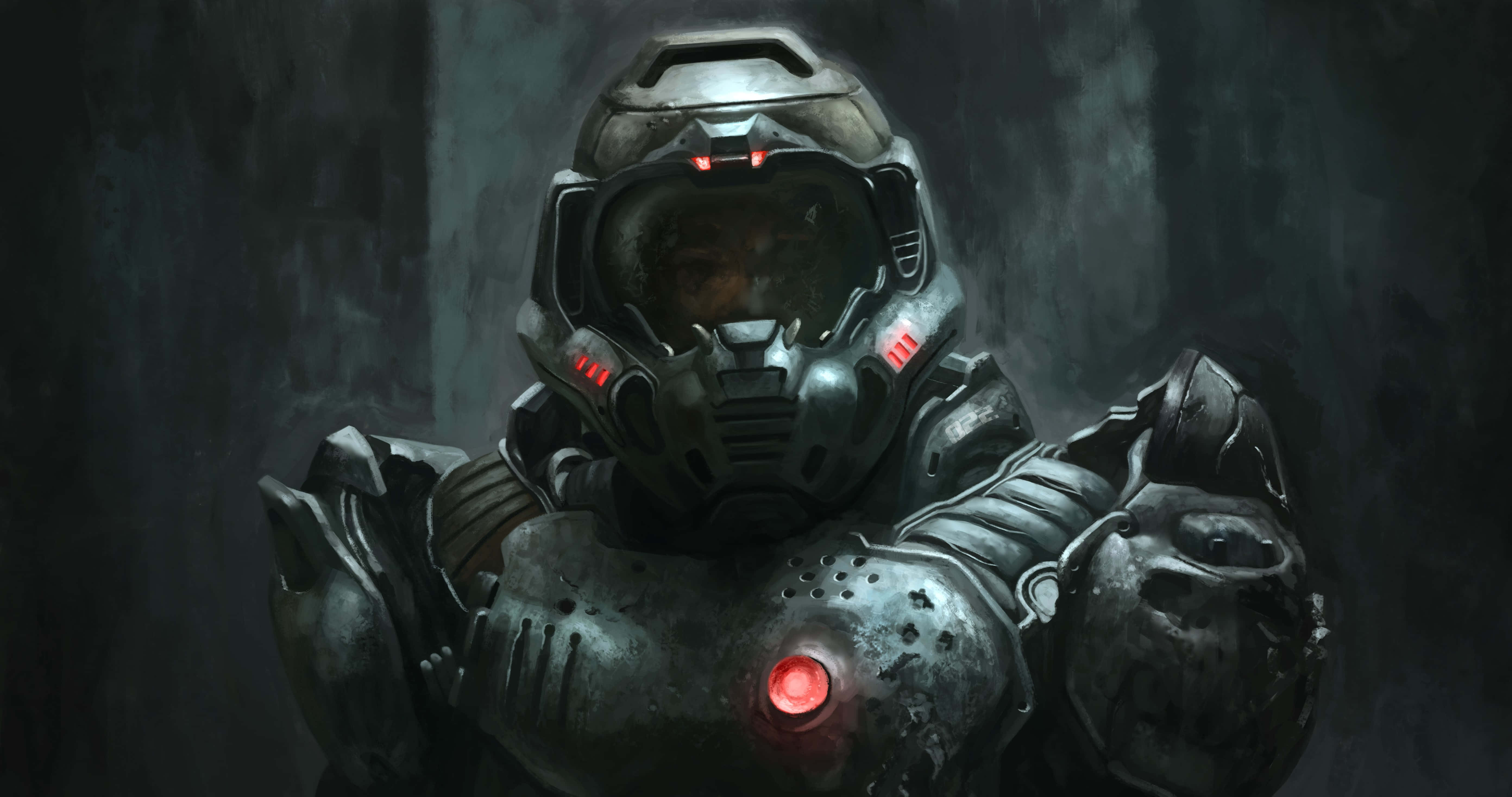 Doom 2016, heavily armored soldier, glowing red lights, 5K Desktop Wallpaper