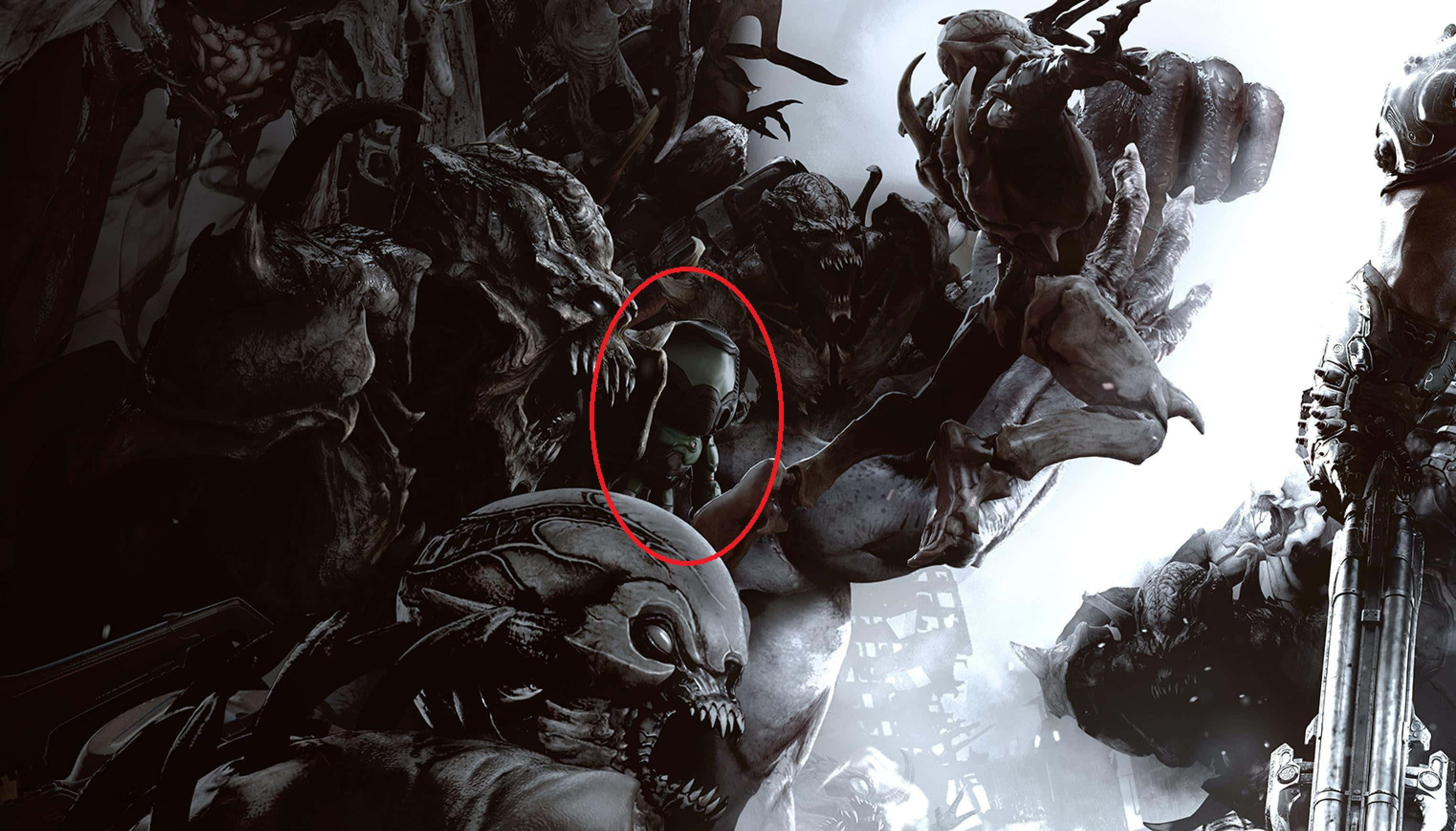 Doom 2016, green-armored warrior, horde of grotesque monstrous creatures, 2K Desktop Wallpaper