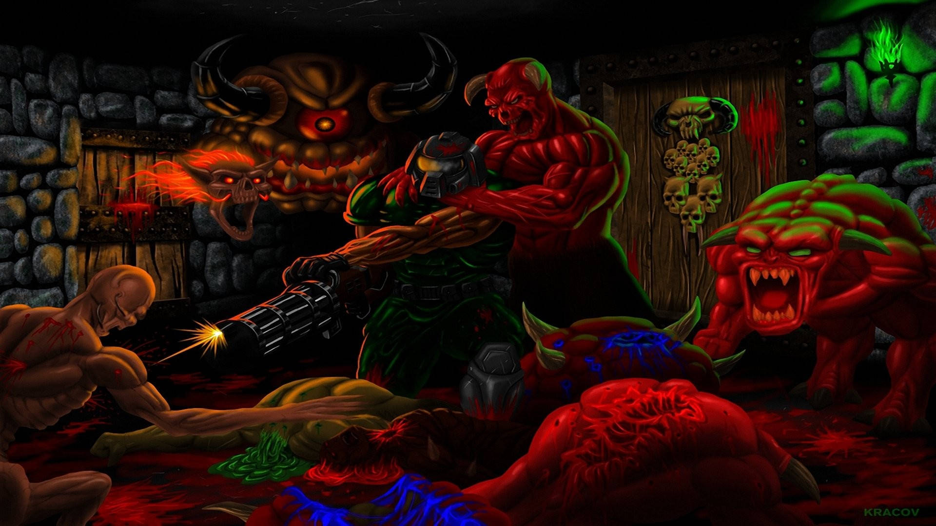 Doom, green armor, red monsters, Full HD Desktop Wallpaper