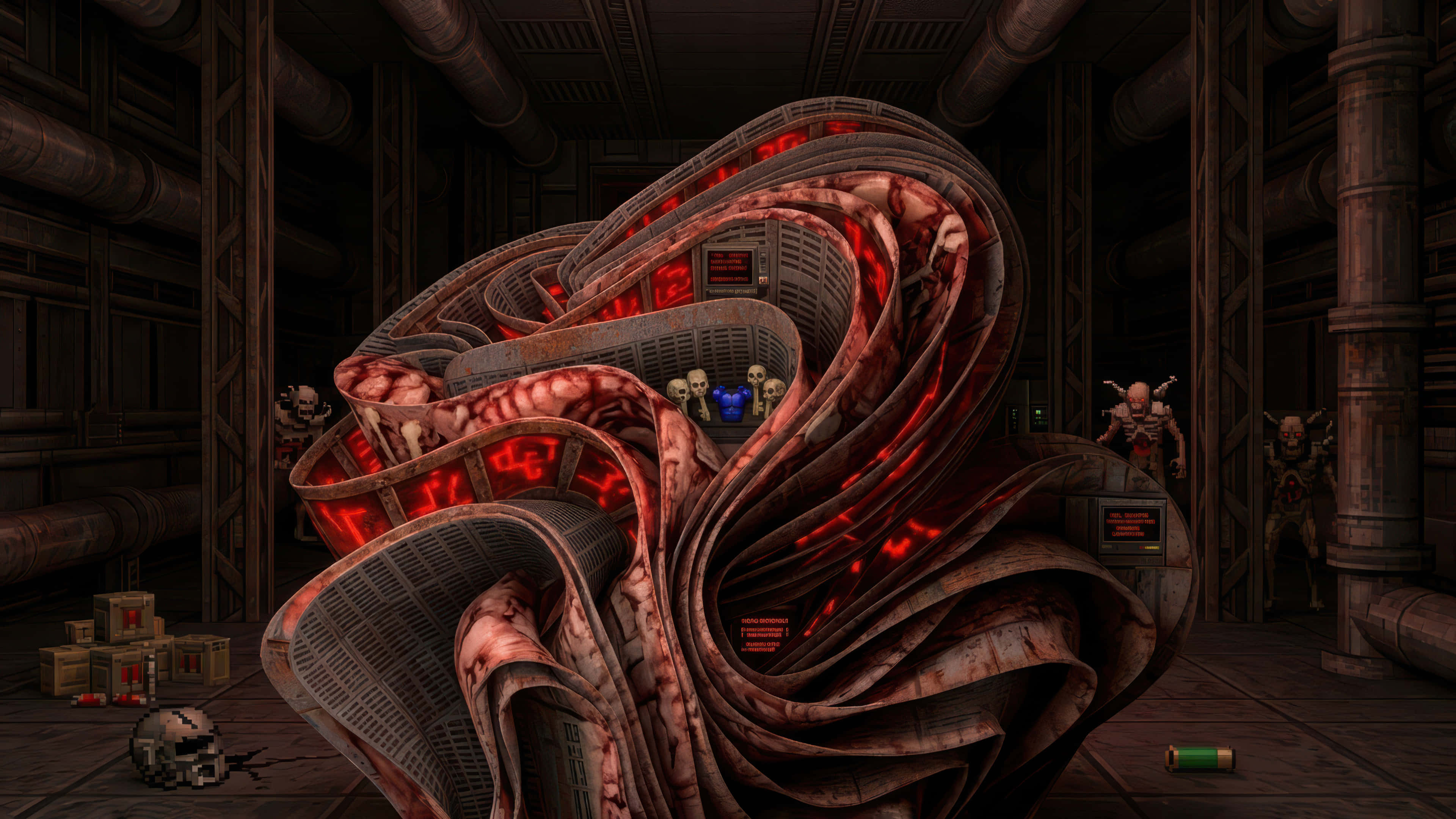 Doom 2, bloom modded wallpaper, glowing red veins, 4K Desktop Wallpaper