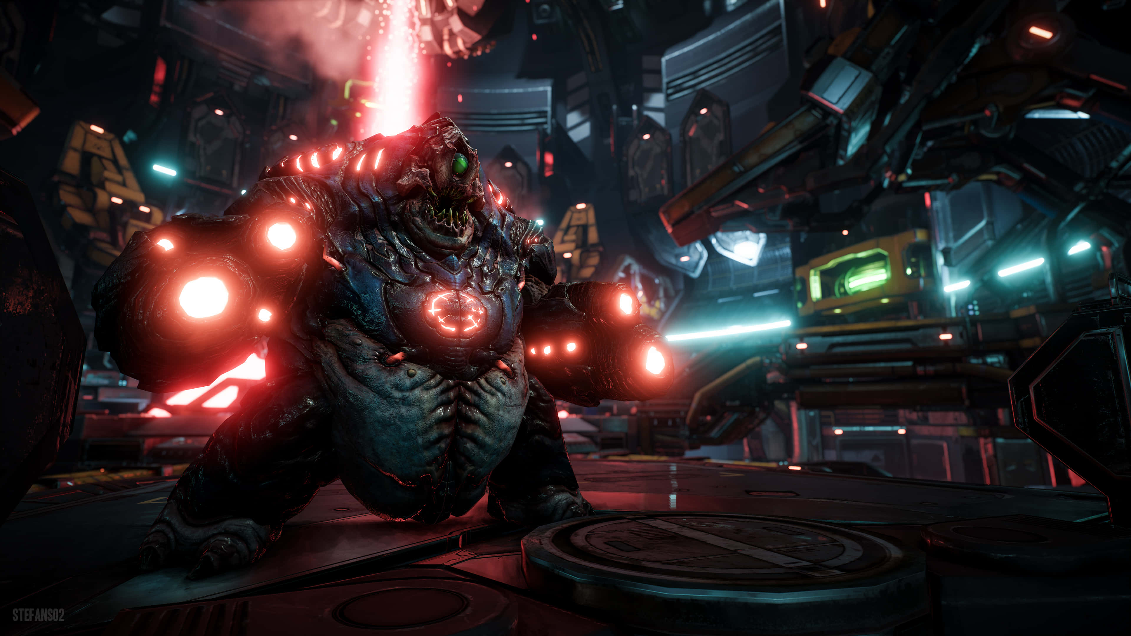 Doom 2016, biomechanical monster, glowing red eyes, 4K Desktop Wallpaper