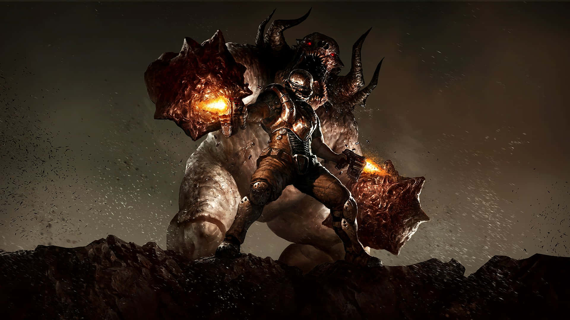 Doom 3, horned demon, glowing shields, Full HD Desktop Wallpaper