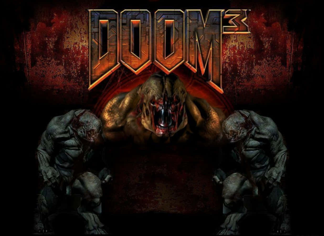 DOOM 3 logo, demonic creatures, glowing eyes, SD Desktop Wallpaper