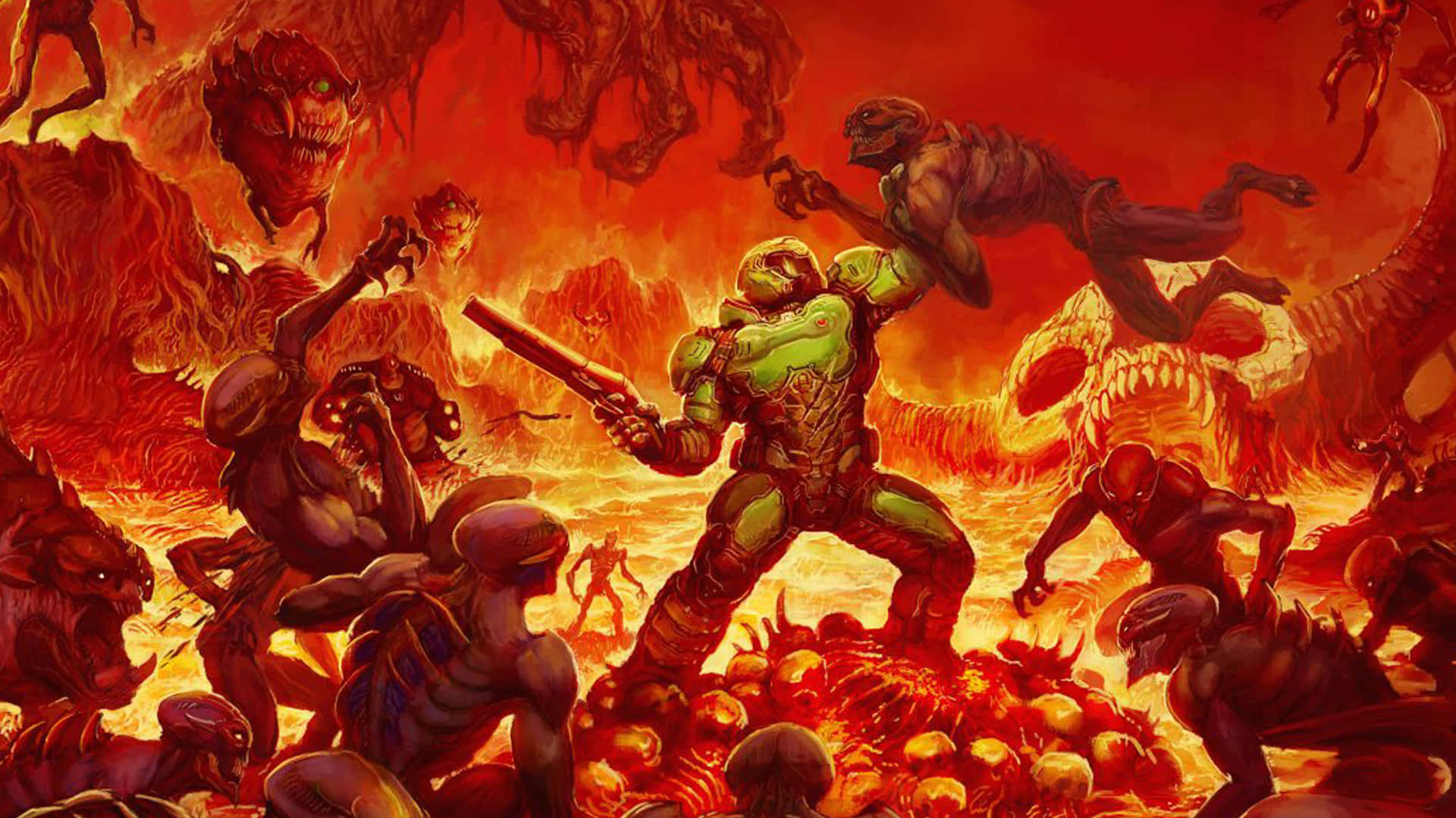Doom Guy, fire, hellish landscape, Full HD Desktop Wallpaper