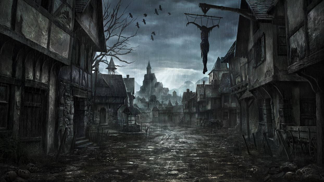 Dark Ages, medieval village street, stormy skies, SD Desktop Wallpaper
