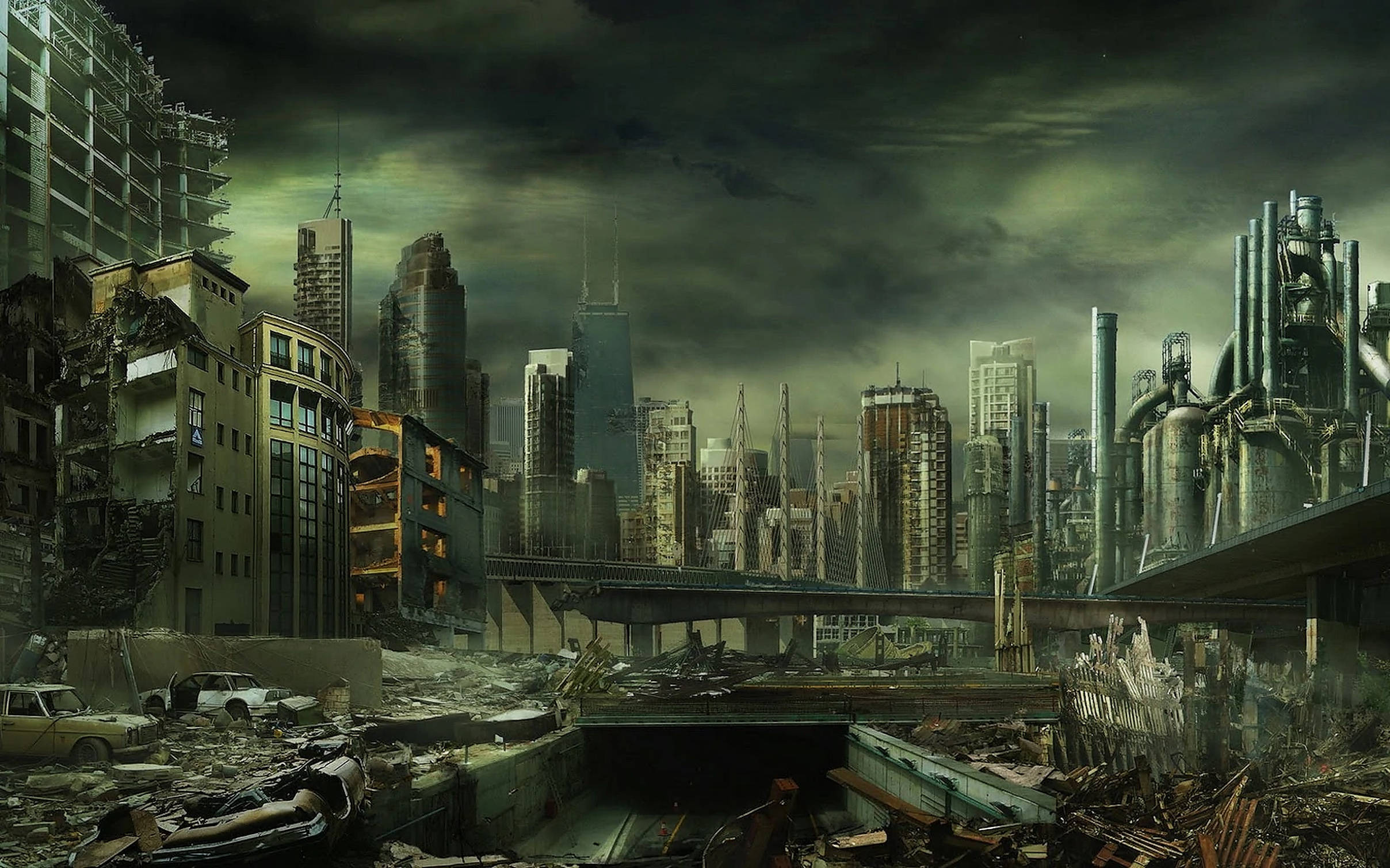 dark green stormy sky, crumbling skyscrapers, abandoned vehicles, Full HD Desktop Wallpaper