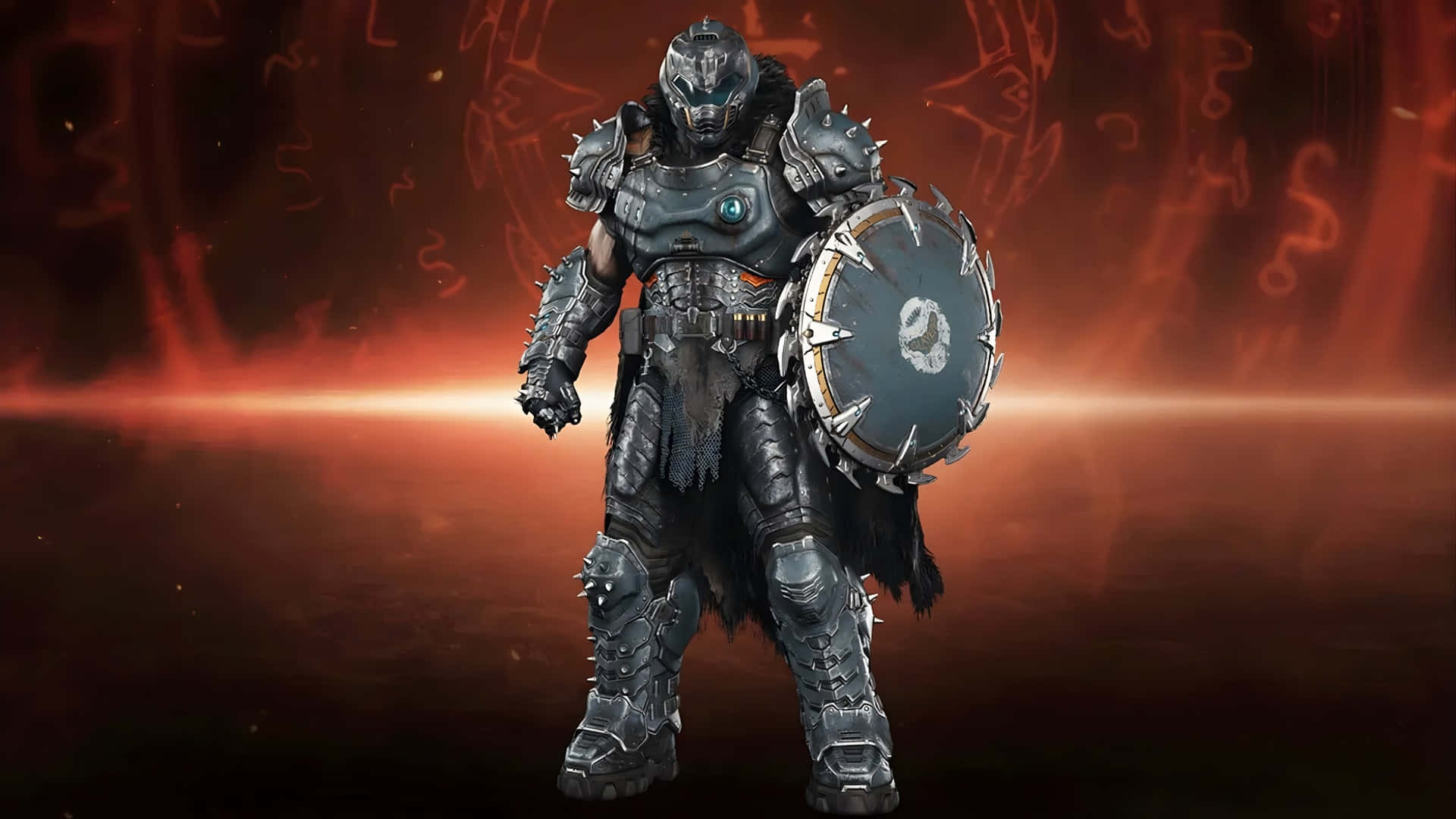 Doom Dark Ages Warrior, spiked helmet, round shield, Full HD Desktop Wallpaper