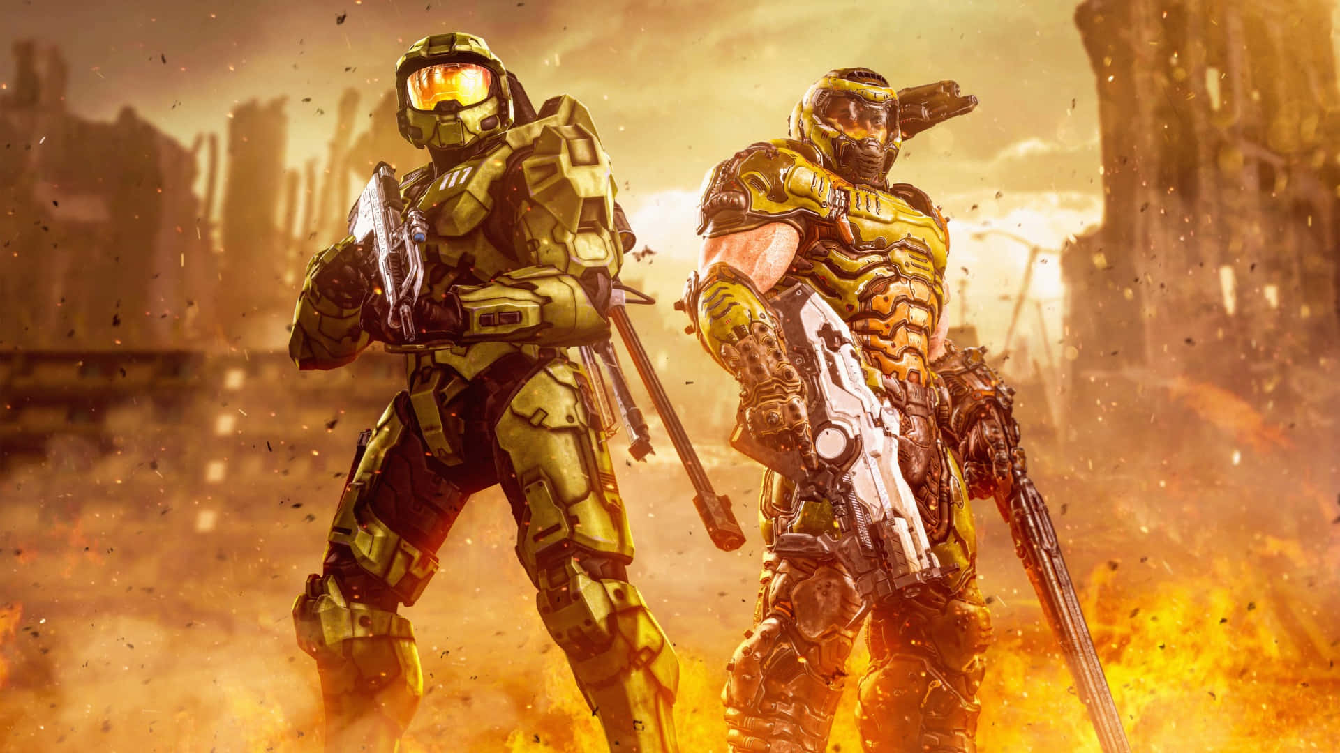 Doom Dark Ages, armored soldiers, fiery ruined cityscape, Full HD Desktop Wallpaper