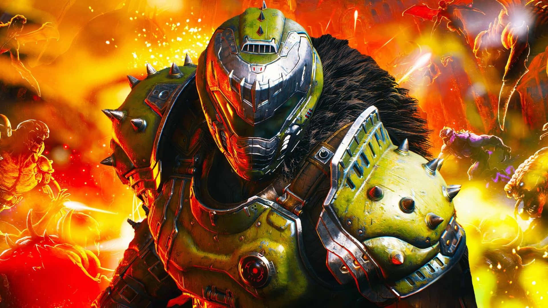 Doom Dark Ages Warrior, green and silver armor, fiery battlefield, Full HD Desktop Wallpaper