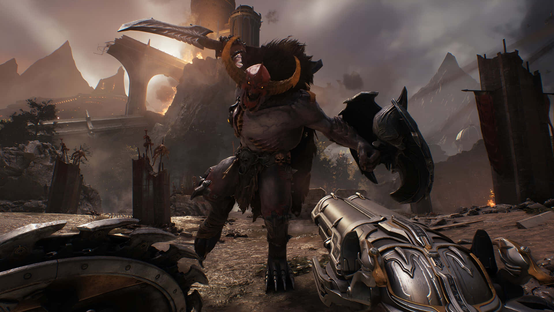 Doom Dark Ages, horned demonic warrior, massive curved blade, Full HD Desktop Wallpaper