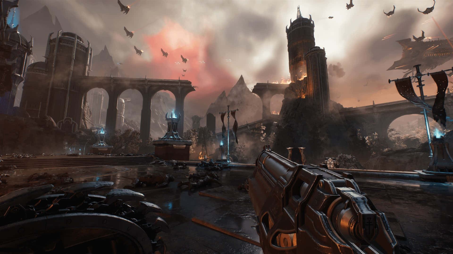 Doom Dark Ages, first-person view, glowing weapon, Full HD Desktop Wallpaper