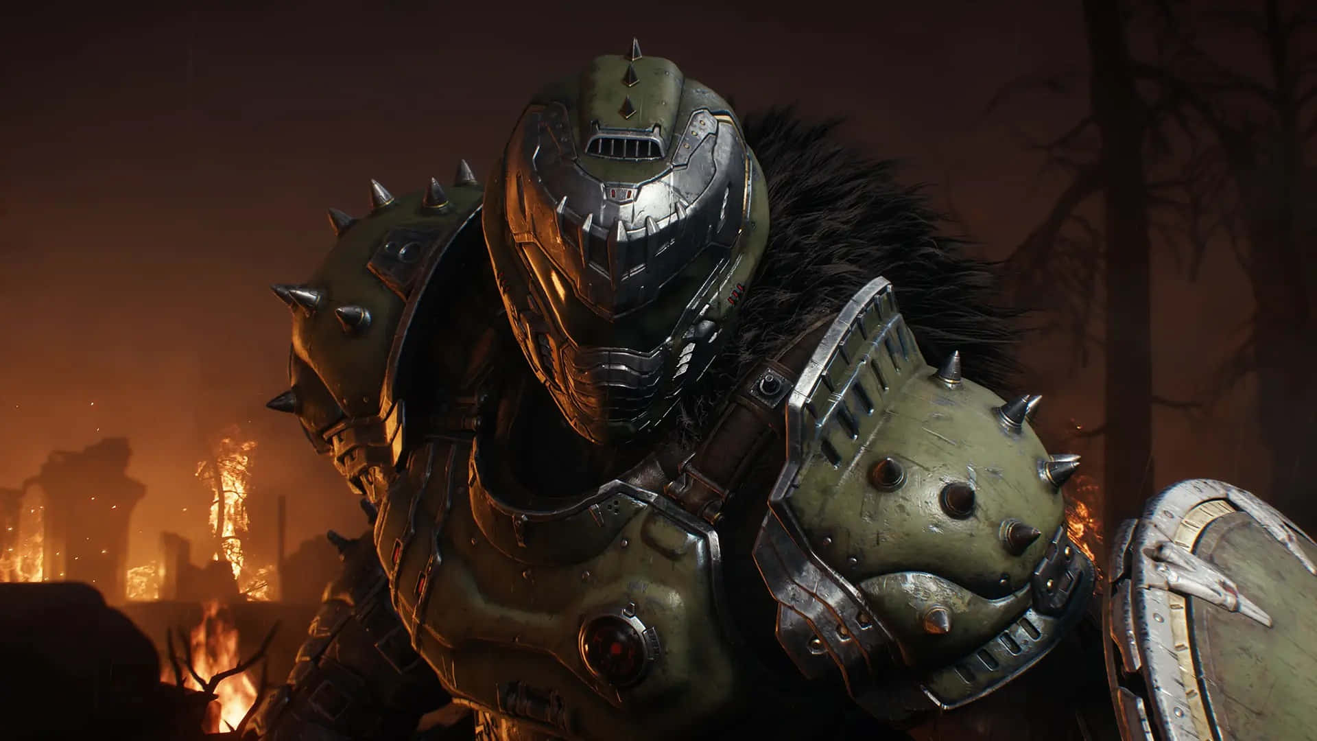Doom Dark Ages Warrior, spiked helmet, fur collar, Full HD Desktop Wallpaper