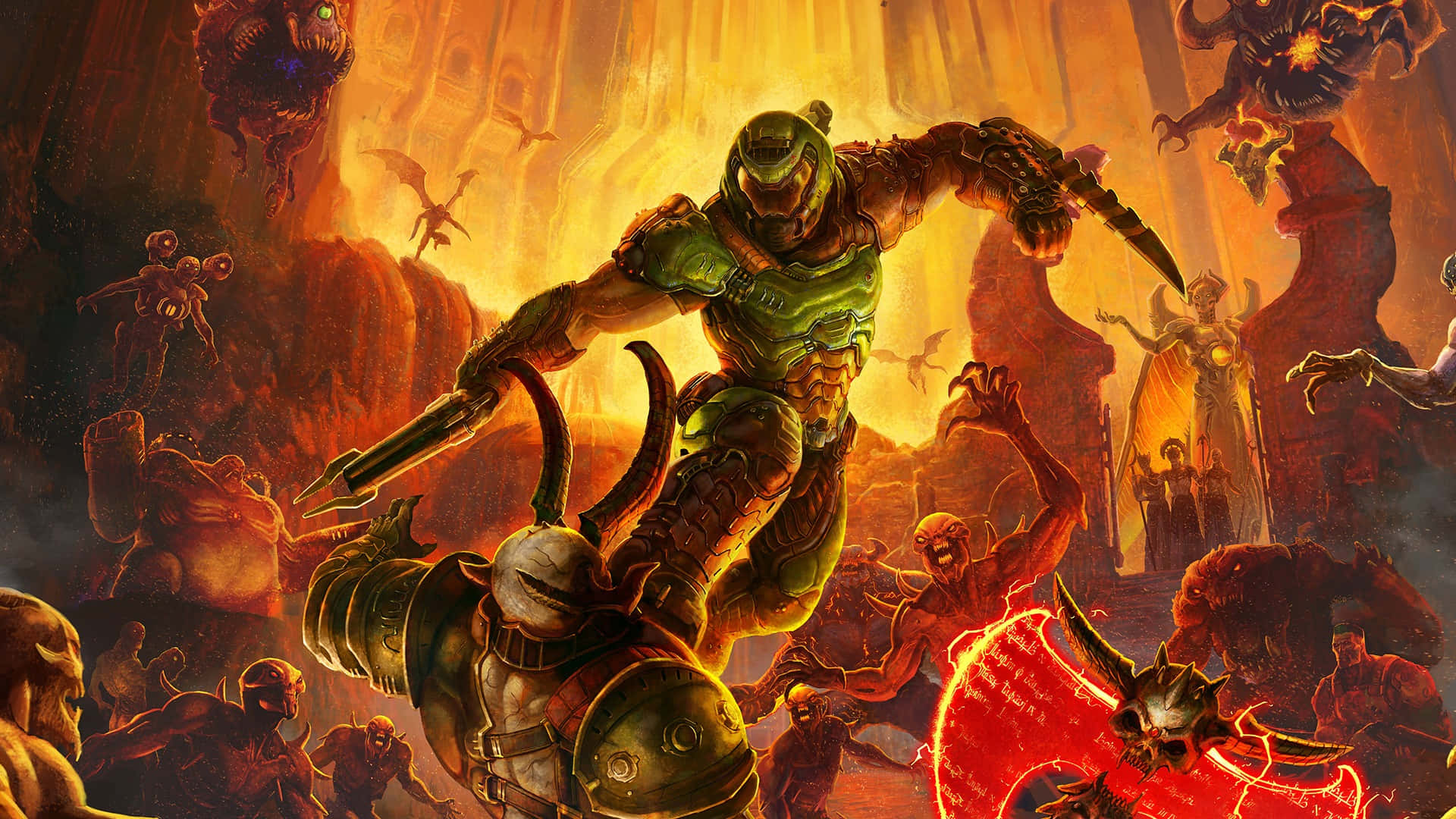 Doom Dark Ages, green-armored warrior, chainsaw, Full HD Desktop Wallpaper