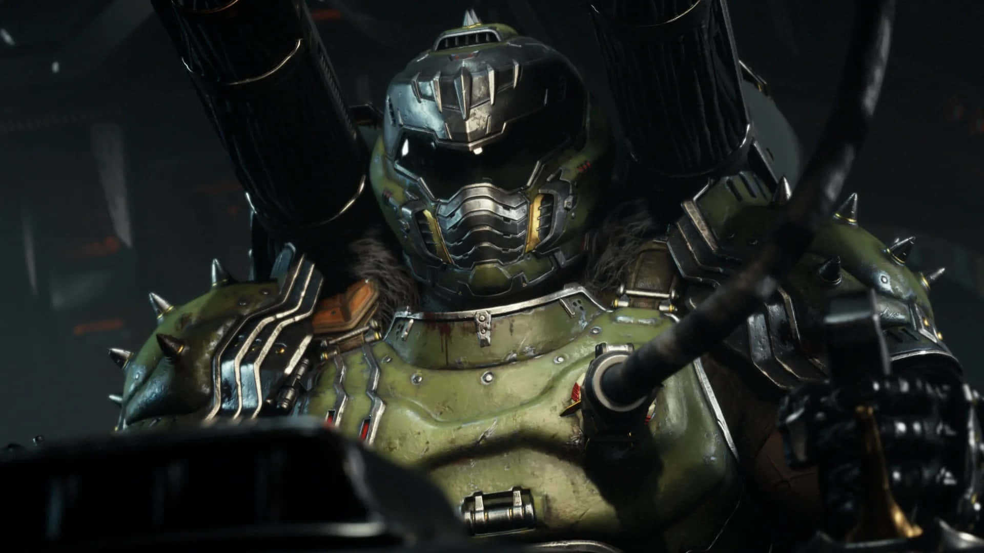 Doom Dark Ages Warrior, green and black gear, glowing yellow accents, Full HD Desktop Wallpaper