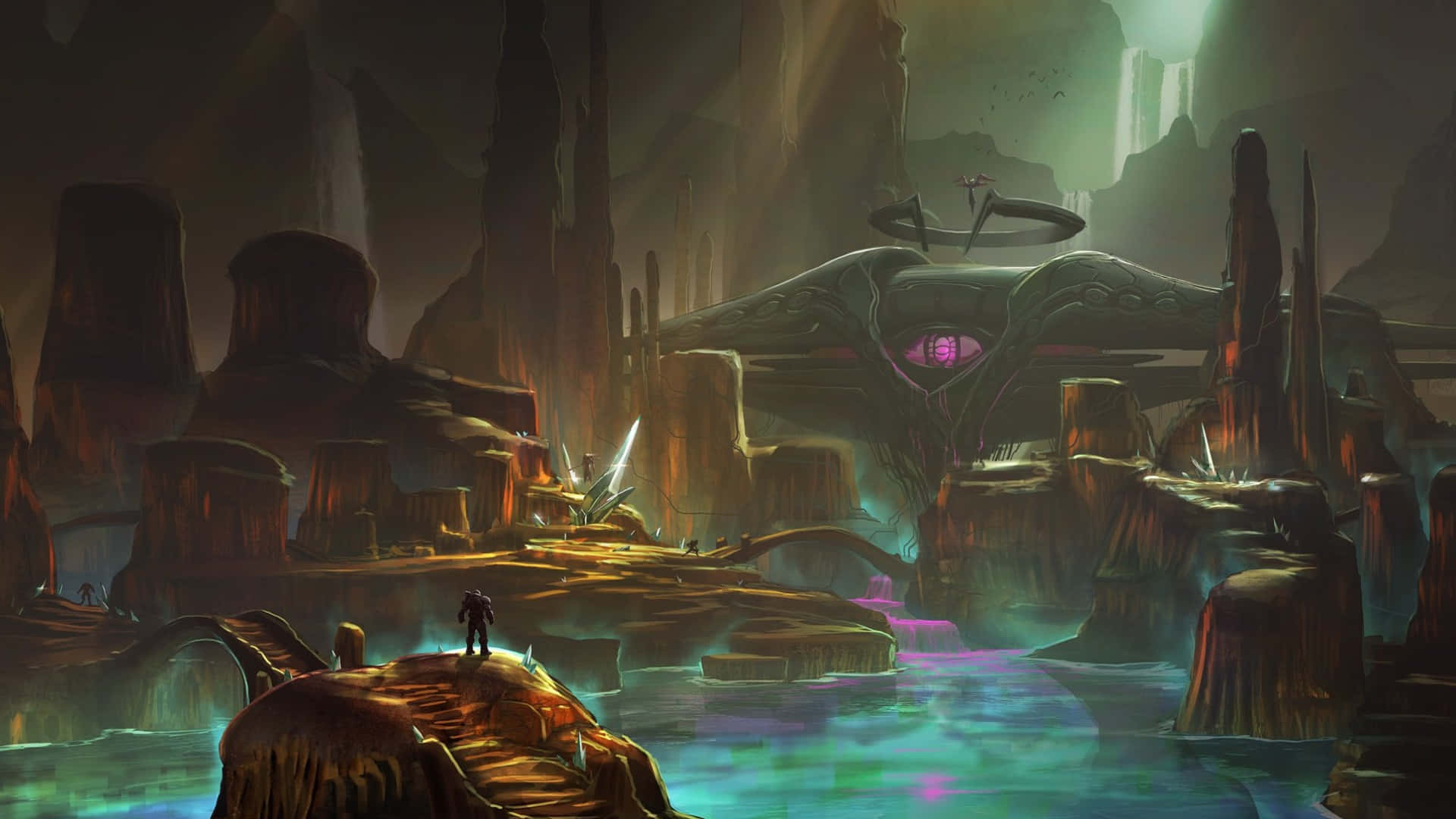 Doom Dark Ages, rocky outcrop, glowing alien ruin, Full HD Desktop Wallpaper