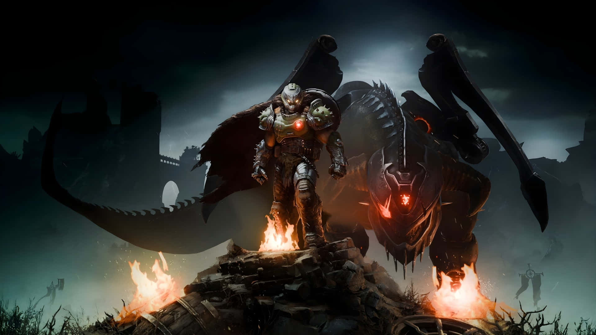 Doom Dark Ages, heavily armored warrior, massive dark dragon, Full HD Desktop Wallpaper