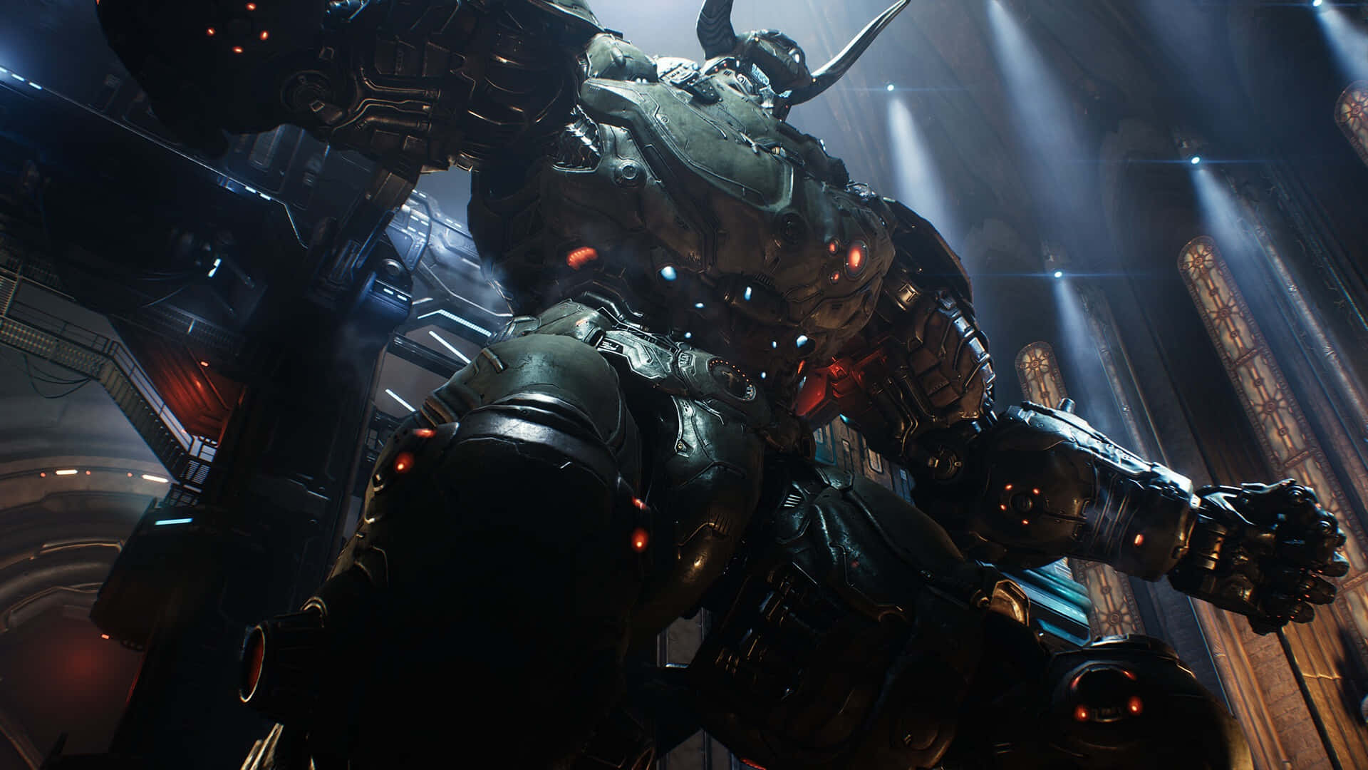 Doom Dark Ages, biomechanical warrior, glowing red eyes, Full HD Desktop Wallpaper