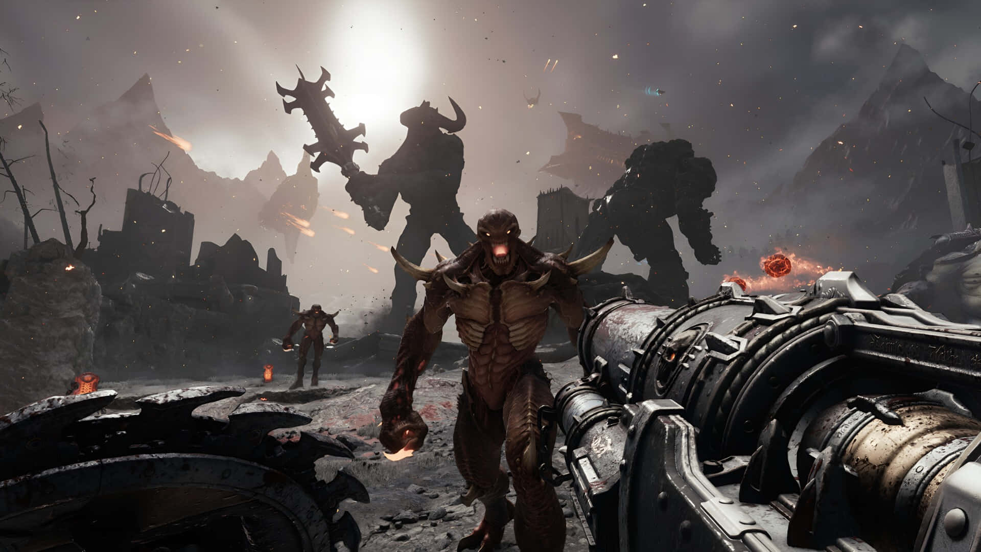 Doom Dark Ages, monstrous horned creature, ruined battlefield, Full HD Desktop Wallpaper