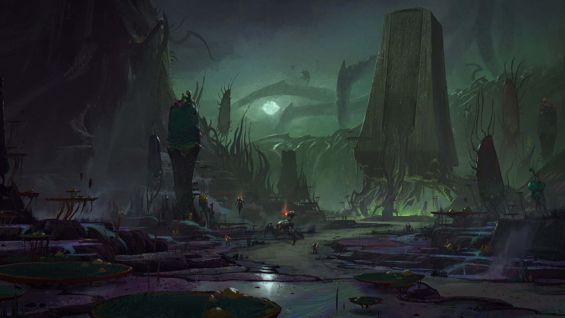 Doom Dark Ages, fungal structures, glowing green flora, Full HD Desktop Wallpaper