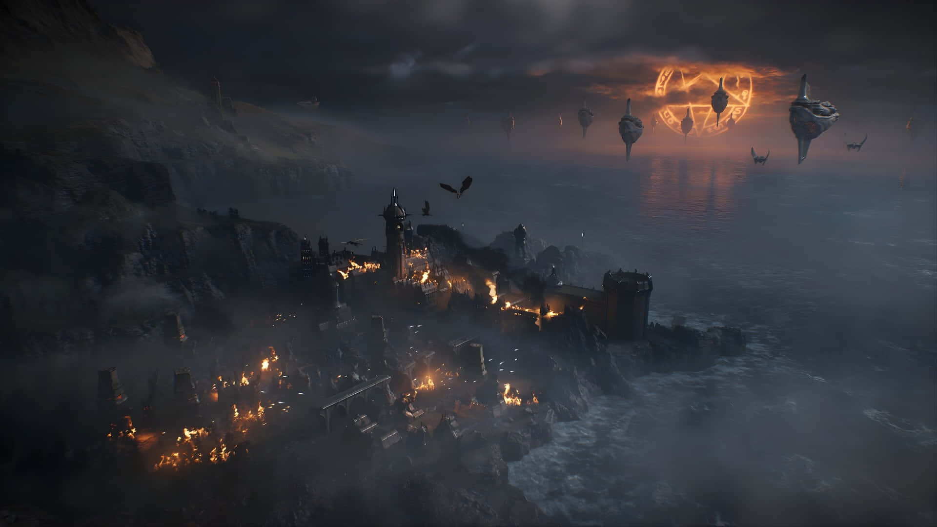 Doom Dark Ages, coastal fortress, fire, Full HD Desktop Wallpaper