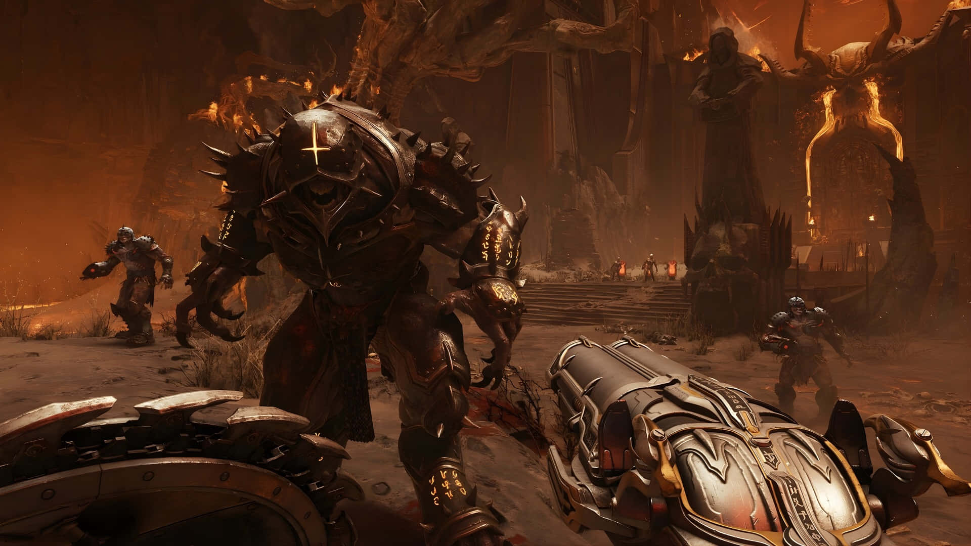 Doom Dark Ages, glowing cross emblem, fiery demonic ruin, Full HD Desktop Wallpaper