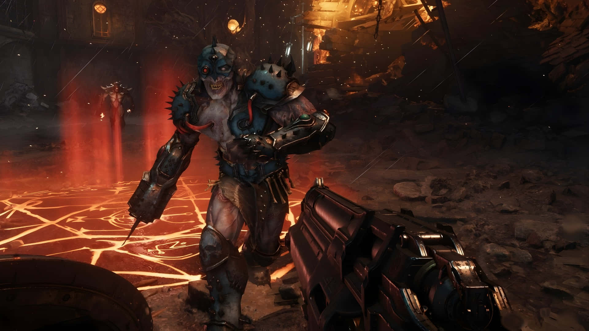 Doom Dark Ages, blue-skinned demonic warrior, spiked armor, Full HD Desktop Wallpaper