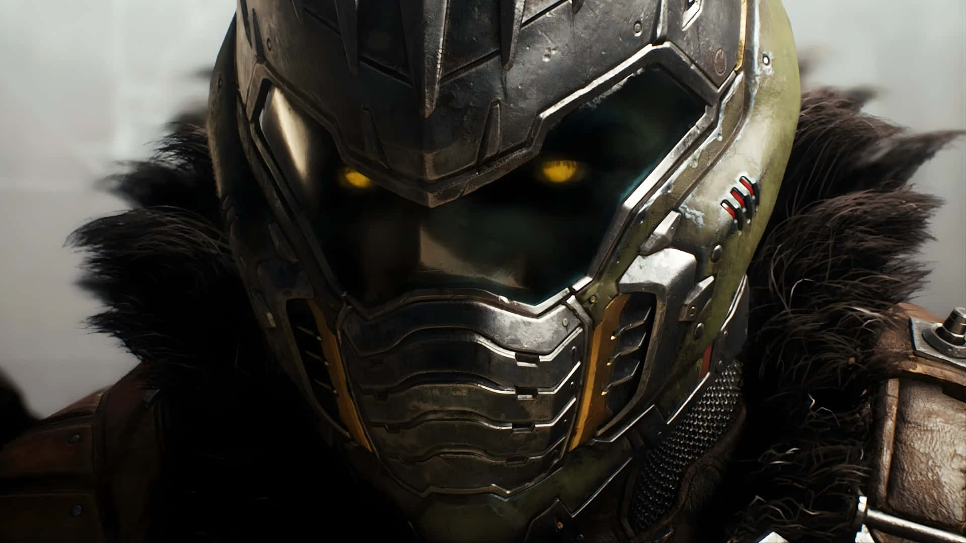 Doom Dark Ages Warrior, glowing yellow eyes, dark fur trim, Full HD Desktop Wallpaper