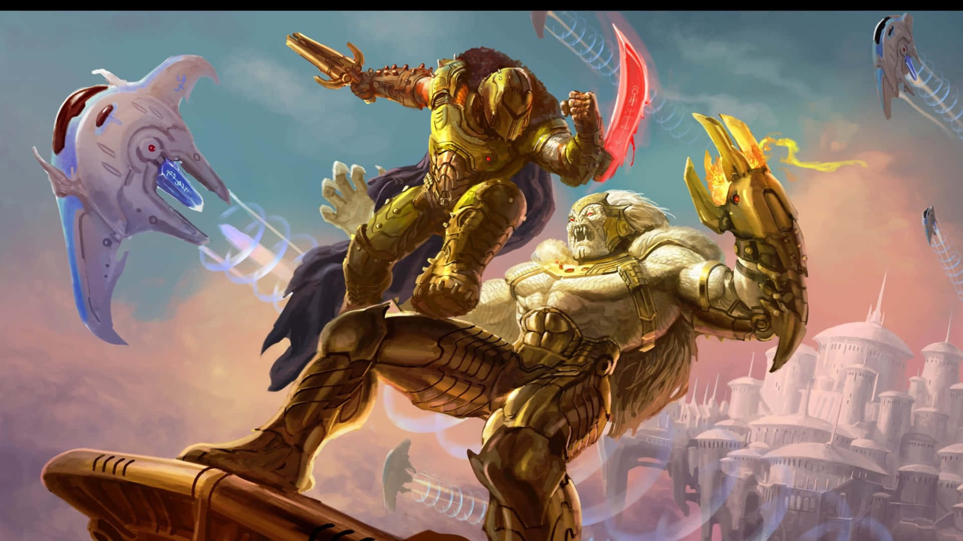 Doom Dark Ages, golden armored warrior, giant beast, Full HD Desktop Wallpaper