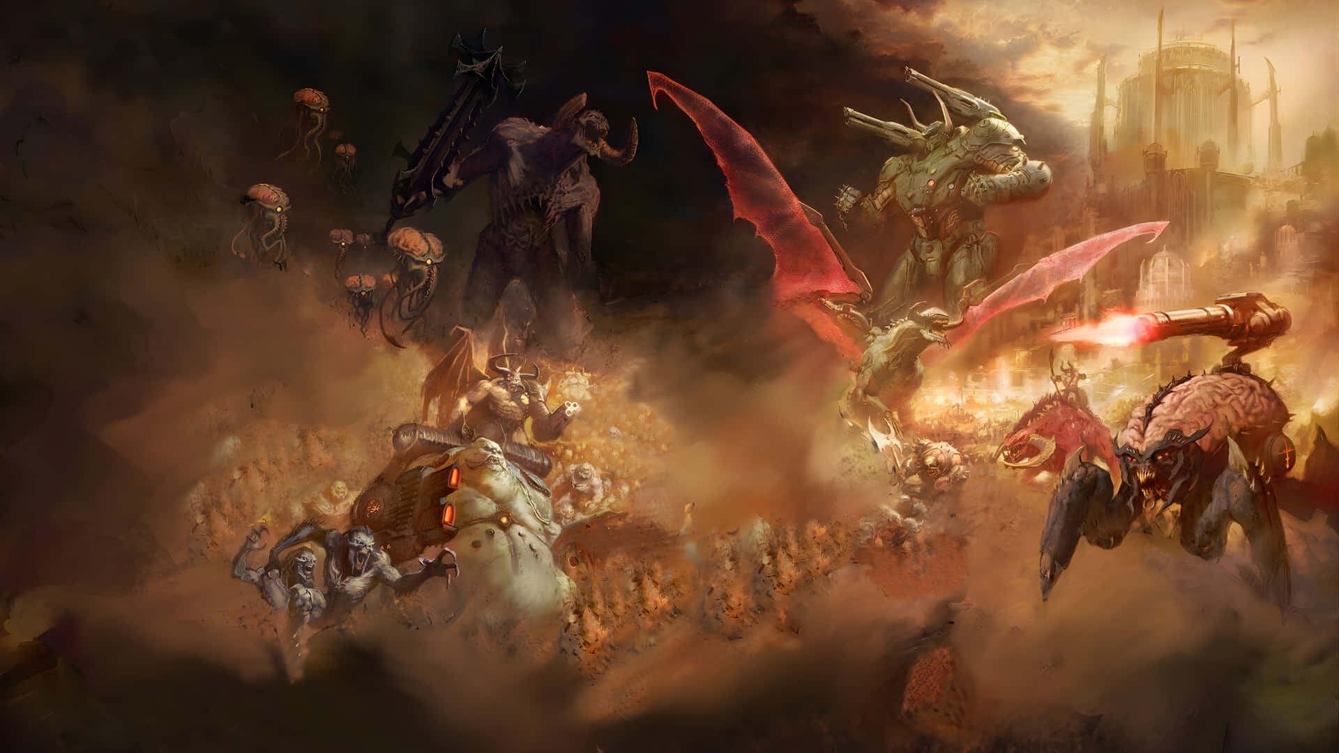 Doom Dark Ages, monstrous alien warriors, fiery battlefield, Full HD Desktop Wallpaper