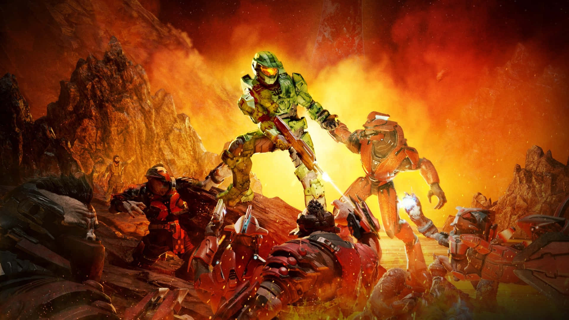 Doom Dark Ages, green armored soldier, red armored foes, Full HD Desktop Wallpaper