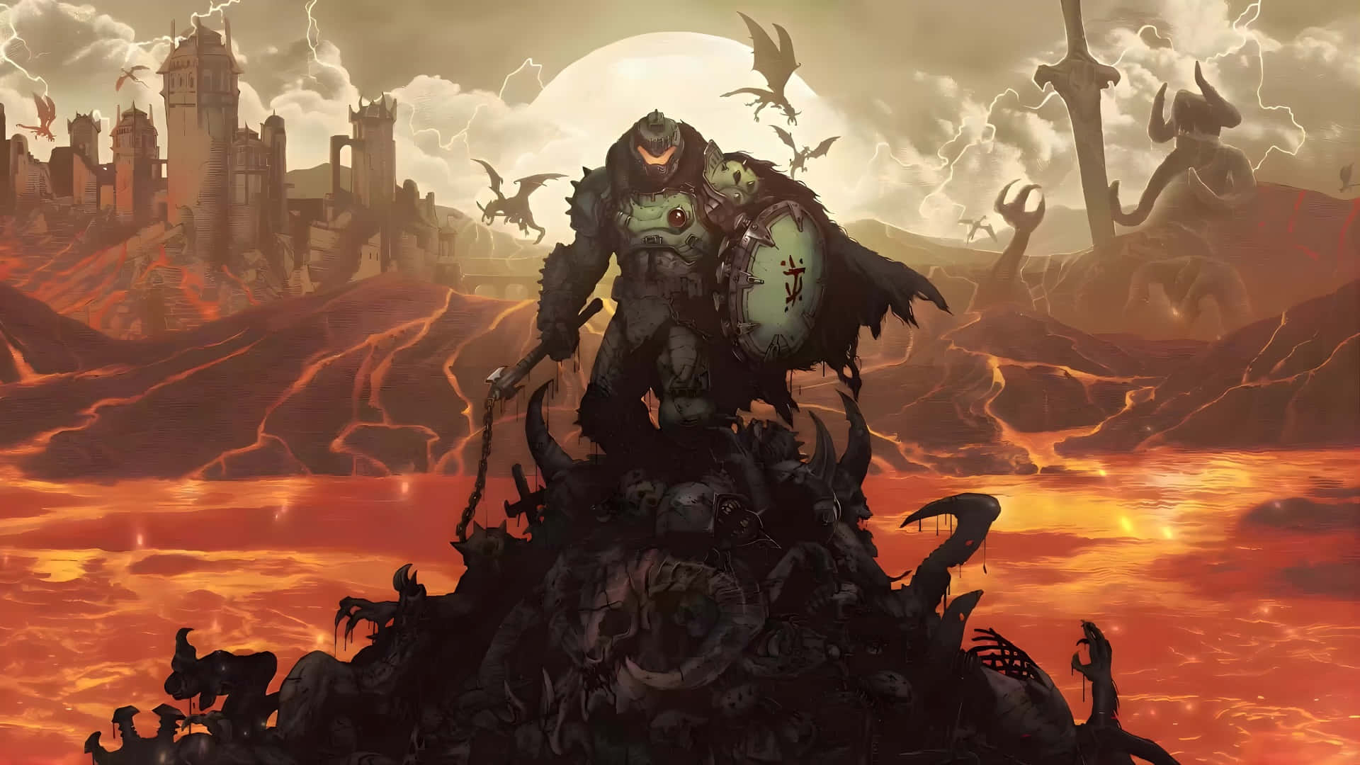 Doom Dark Ages, armored warrior, pile of skulls, Full HD Desktop Wallpaper