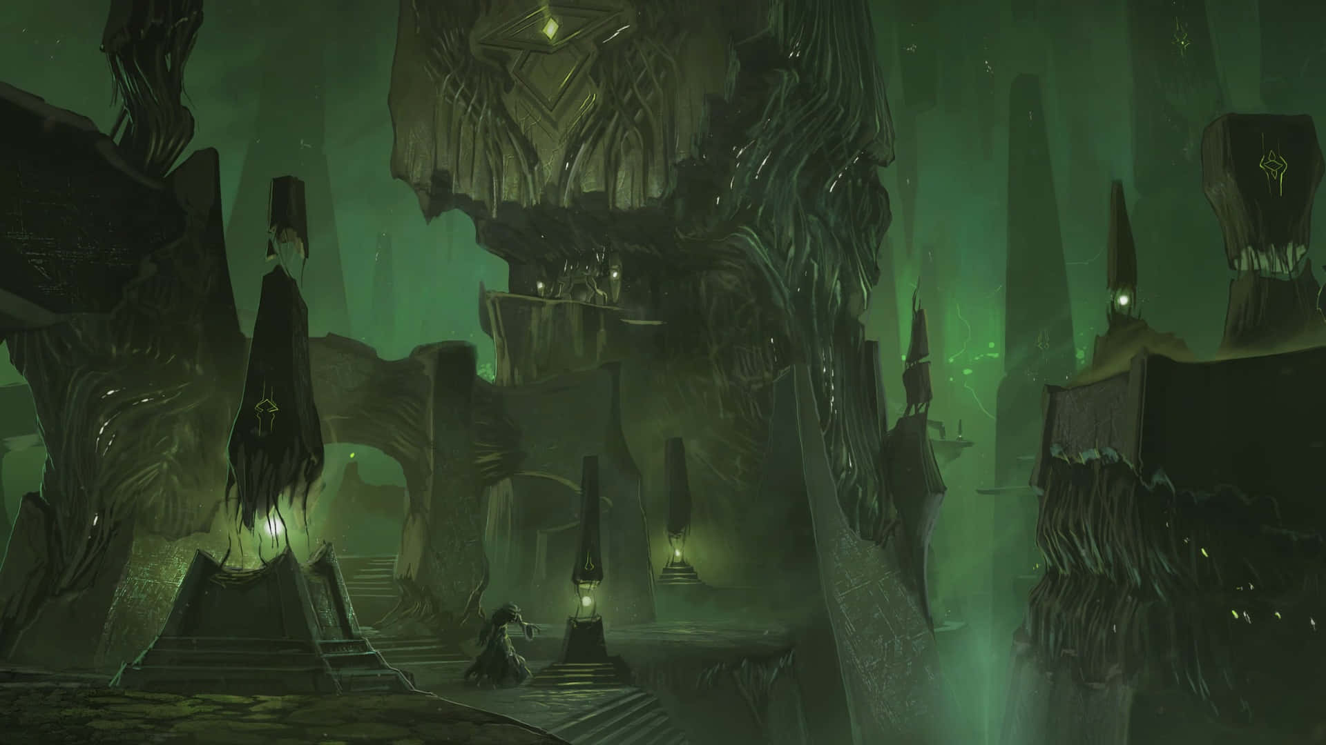 Doom Dark Ages, misty green cavern, ancient stone structures, Full HD Desktop Wallpaper