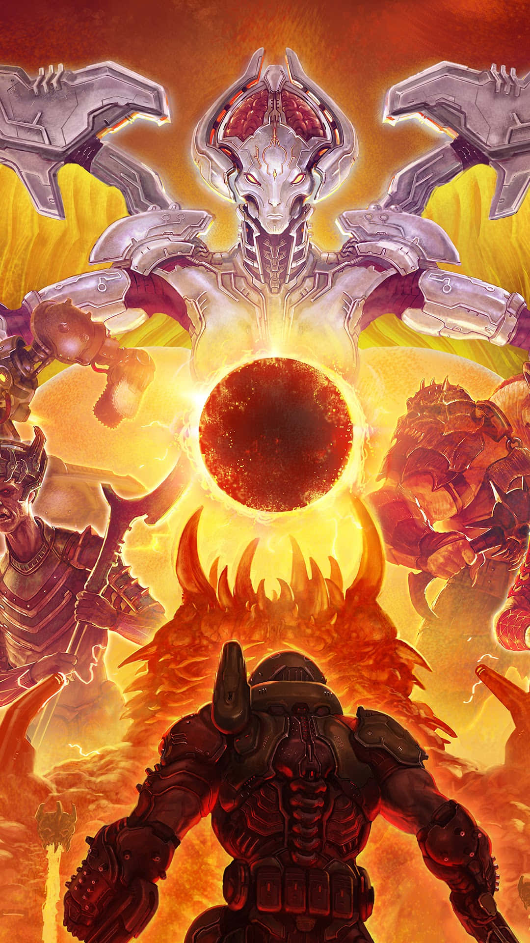 Doom Eternal HD, armored warrior, towering biomechanical god, Full HD Phone Wallpaper