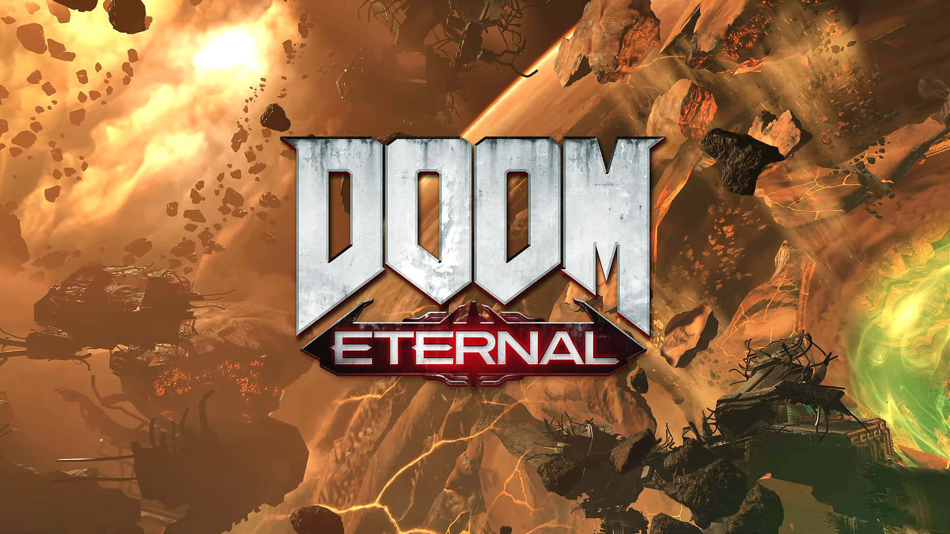 Doom Eternal, fiery apocalyptic backdrop, floating debris, Full HD Desktop Wallpaper