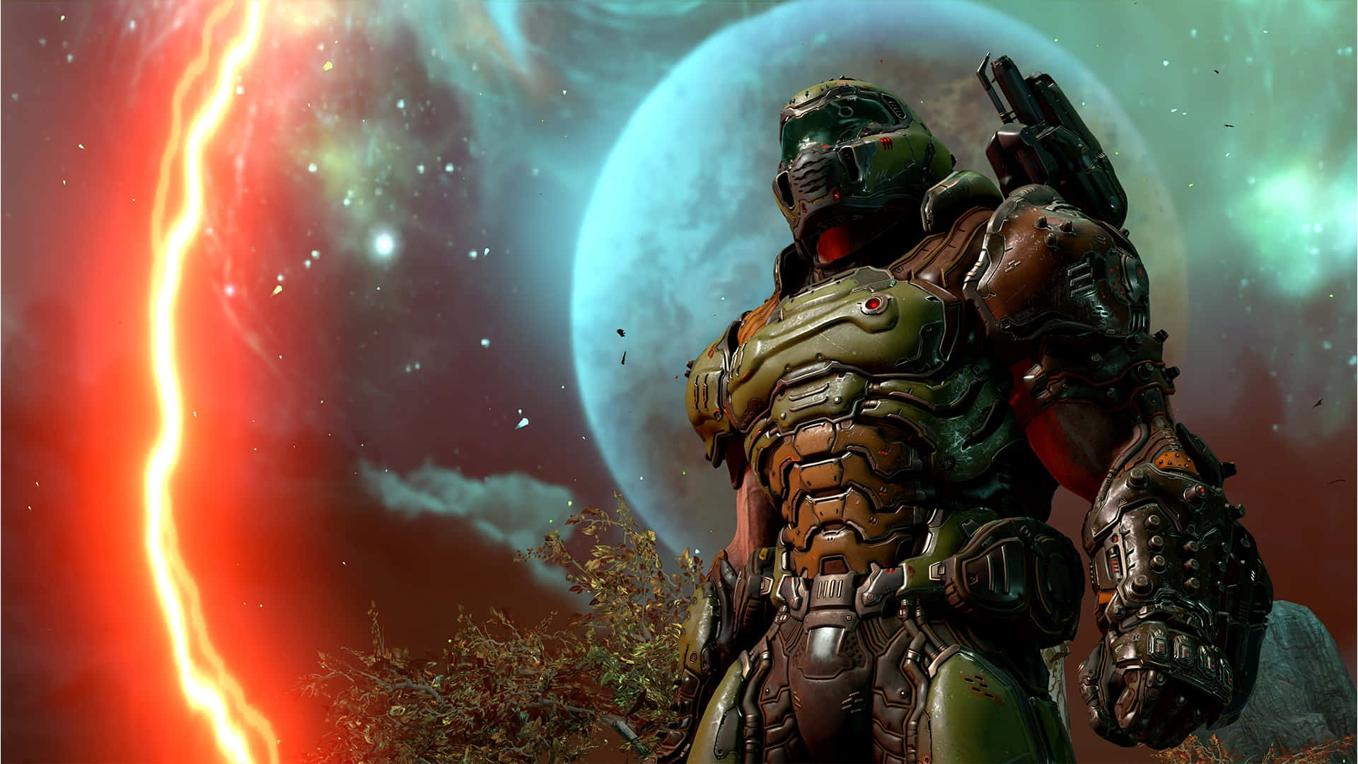 Doom Eternal HD, space marine, glowing red lightning bolt, Full HD Desktop Wallpaper
