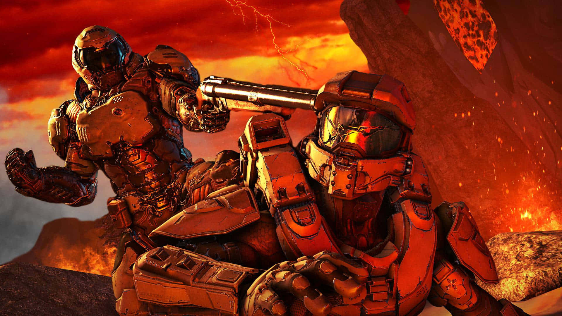 Doom Eternal HD, fiery orange armor, volcanic battlefield, Full HD Desktop Wallpaper