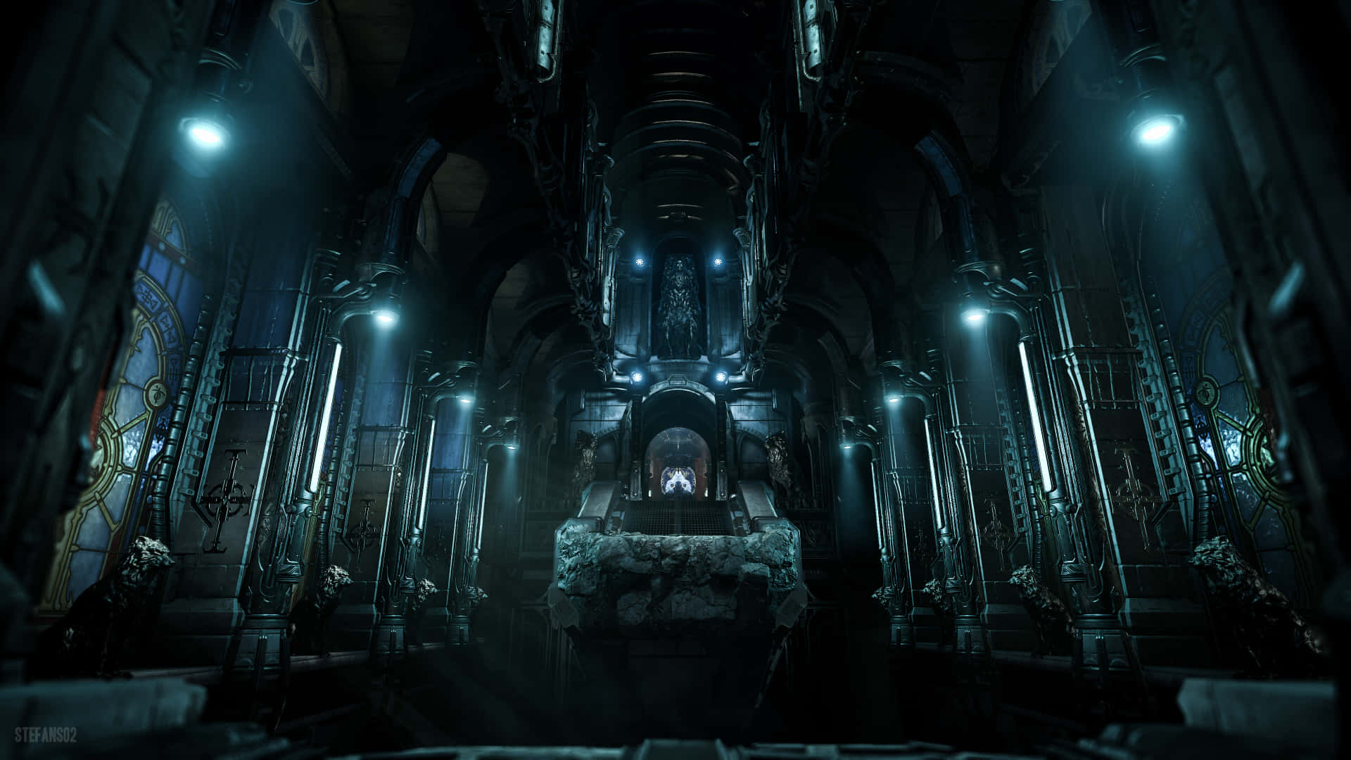 Doom Eternal HD, gothic cathedral interior, glowing blue lights, Full HD Desktop Wallpaper