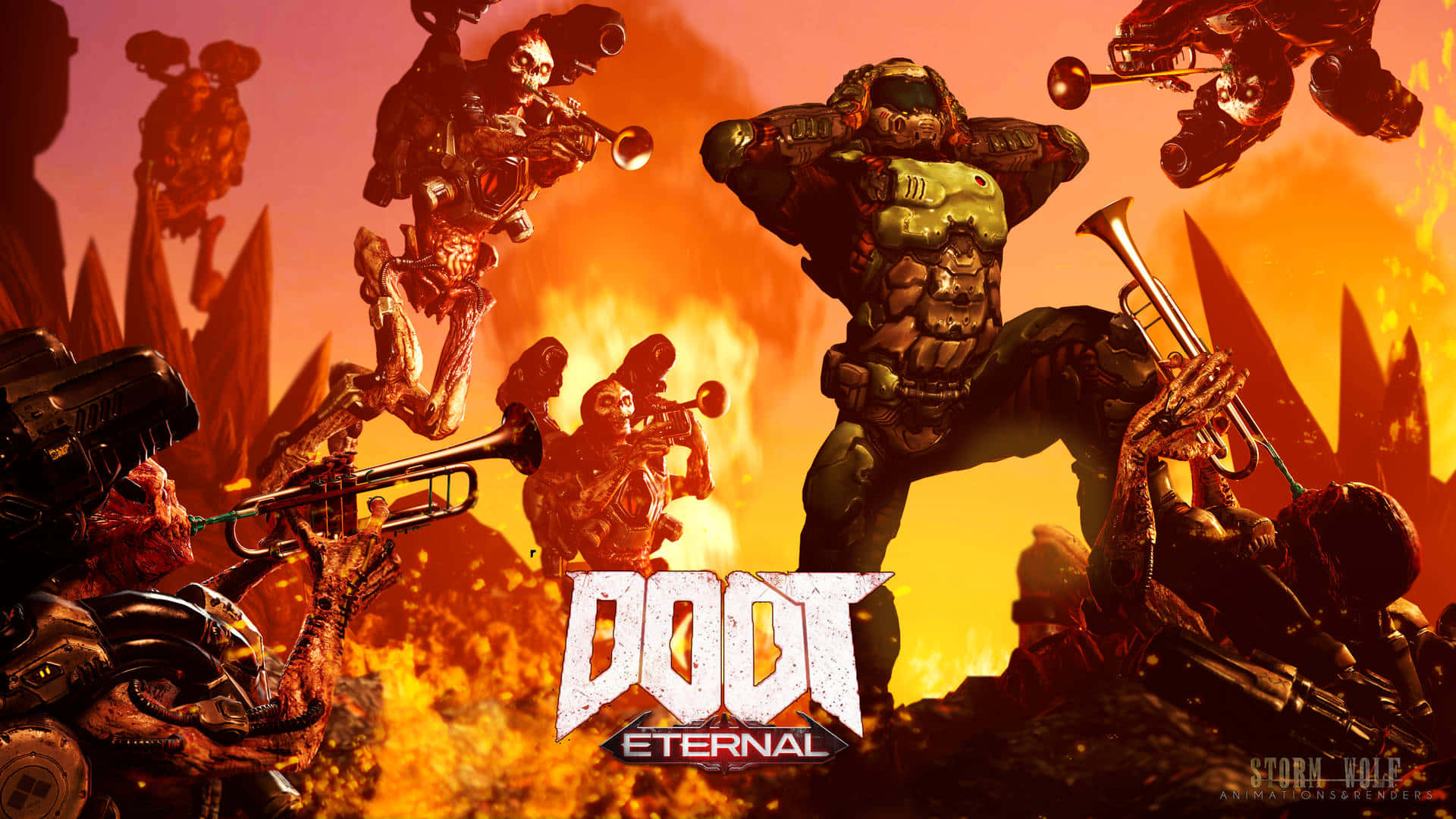 Doom Eternal, demonic figures, trumpets, Full HD Desktop Wallpaper