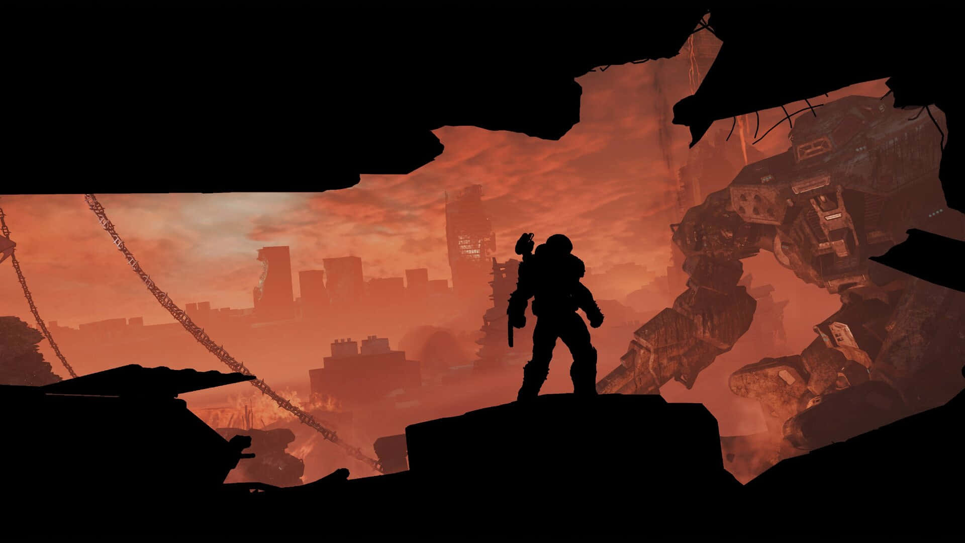 Doom Eternal, ruined city, fiery orange sky, Full HD Desktop Wallpaper