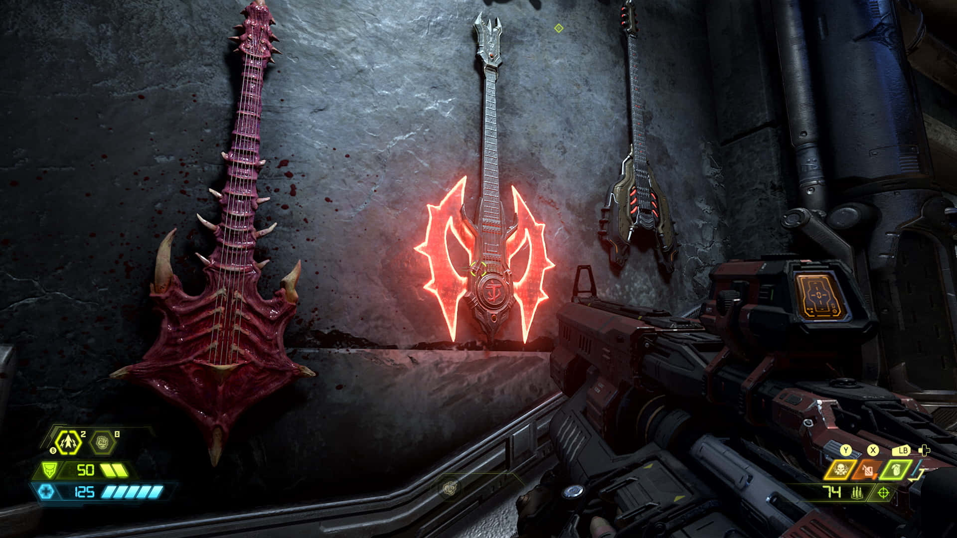 Doom Eternal HD, futuristic guitars, grimy wall, Full HD Desktop Wallpaper