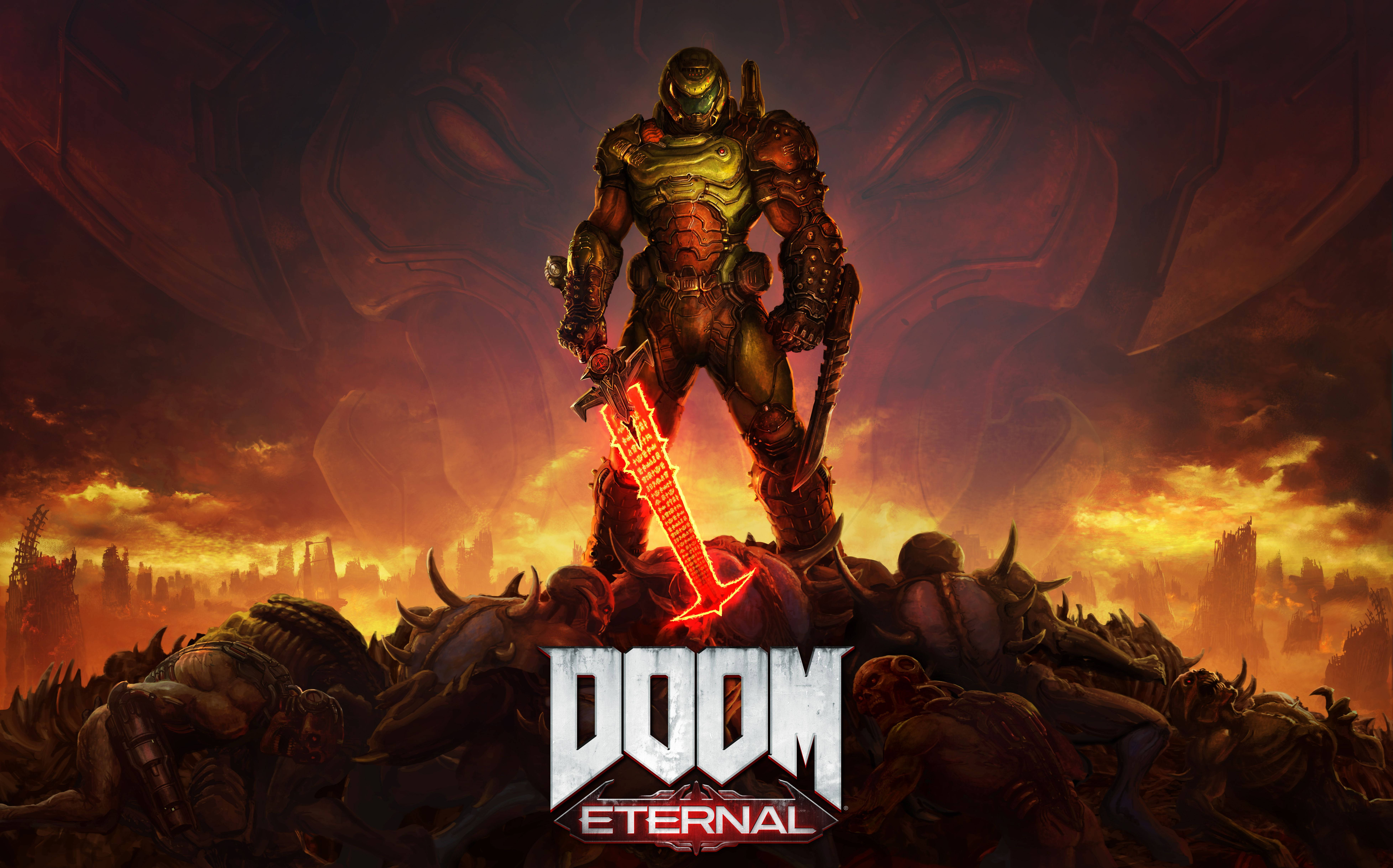Doom Eternal HD, heavily armored warrior, defeated demons, 8K Desktop Wallpaper
