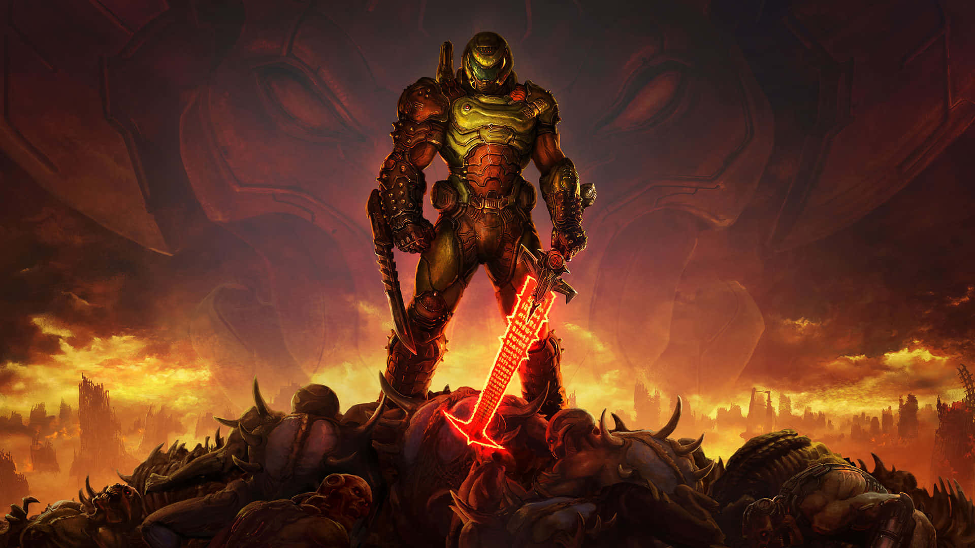 Doom Eternal HD, glowing red sword, fiery apocalyptic sky, Full HD Desktop Wallpaper