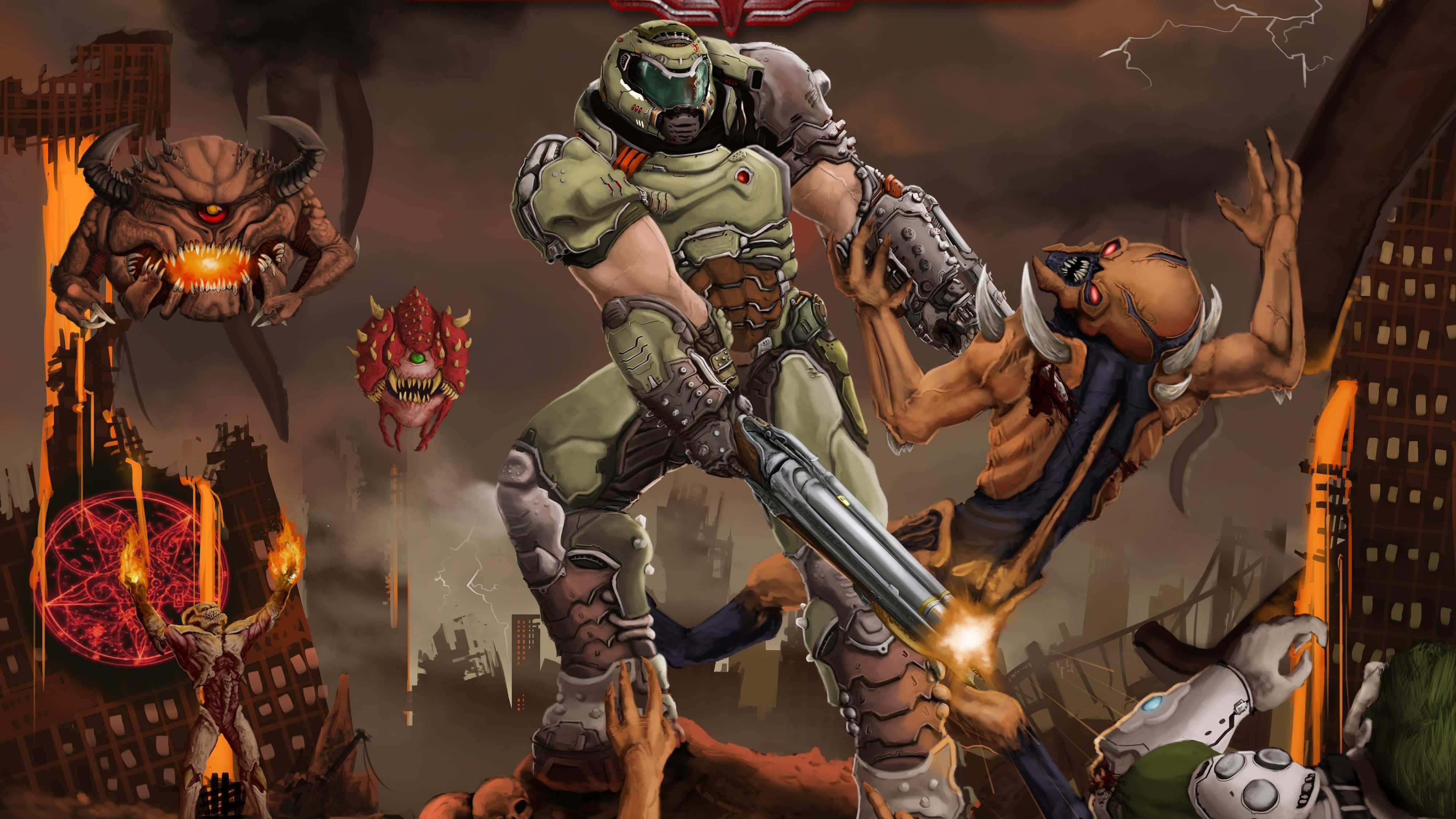 Doom Eternal, 4K, fiery ruined cityscape, 4K Desktop Wallpaper