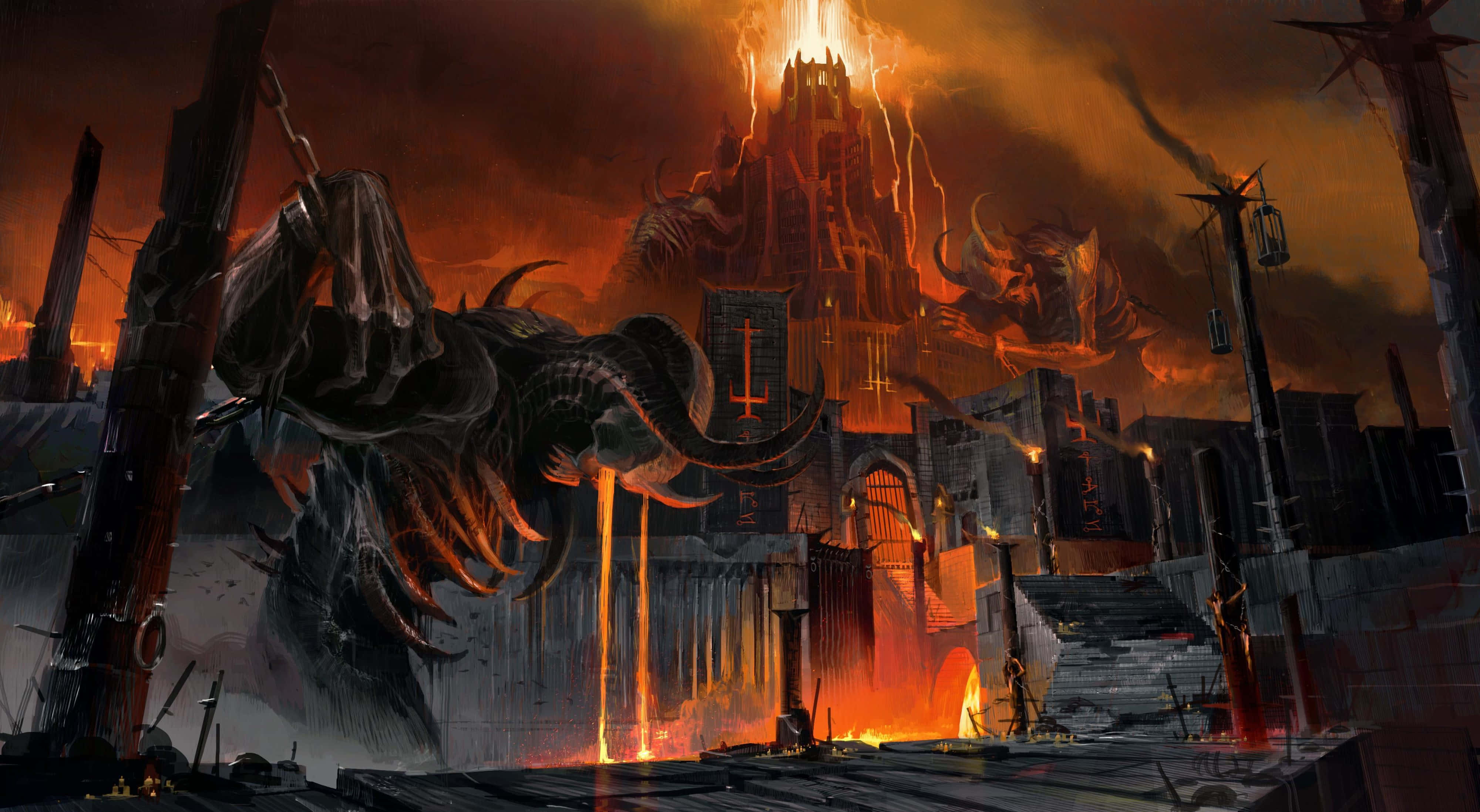 Doom Eternal, colossal demonic creature, glowing eyes, 4K Desktop Wallpaper