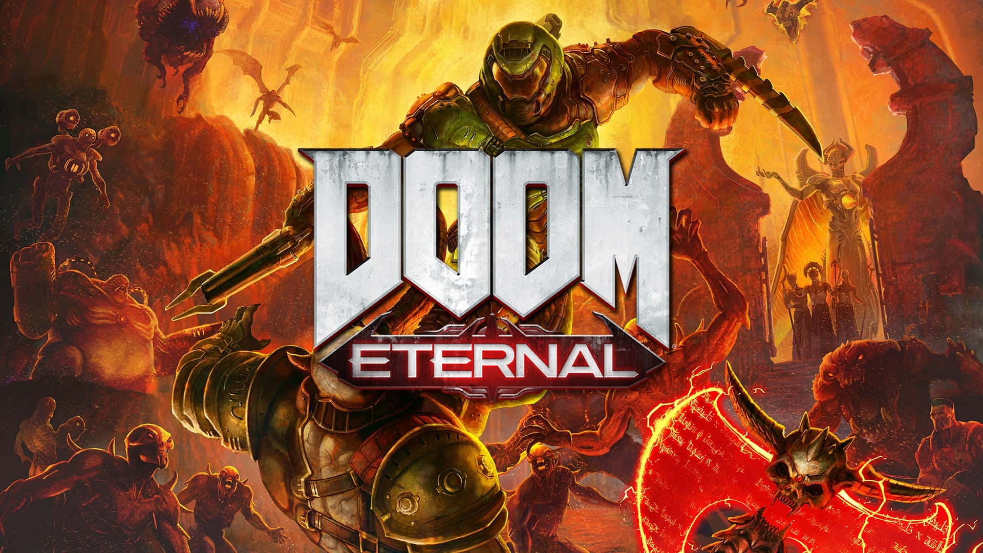 Doom Eternal HD, green armor, chainsaw, Full HD Desktop Wallpaper