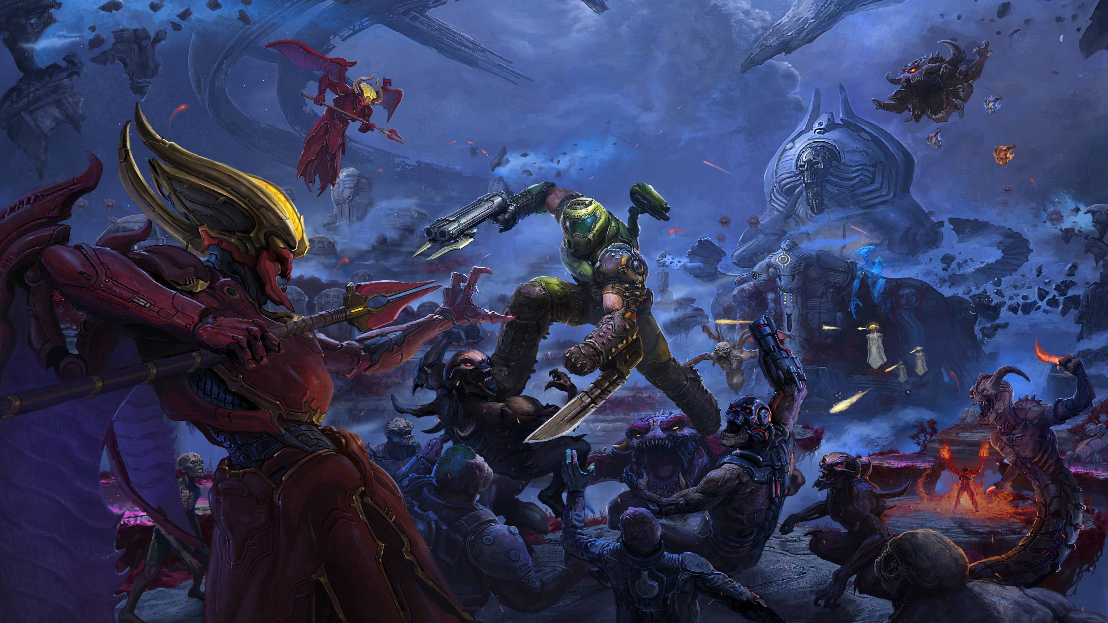 Doom Eternal, green armor, demonic foes, 4K Desktop Wallpaper