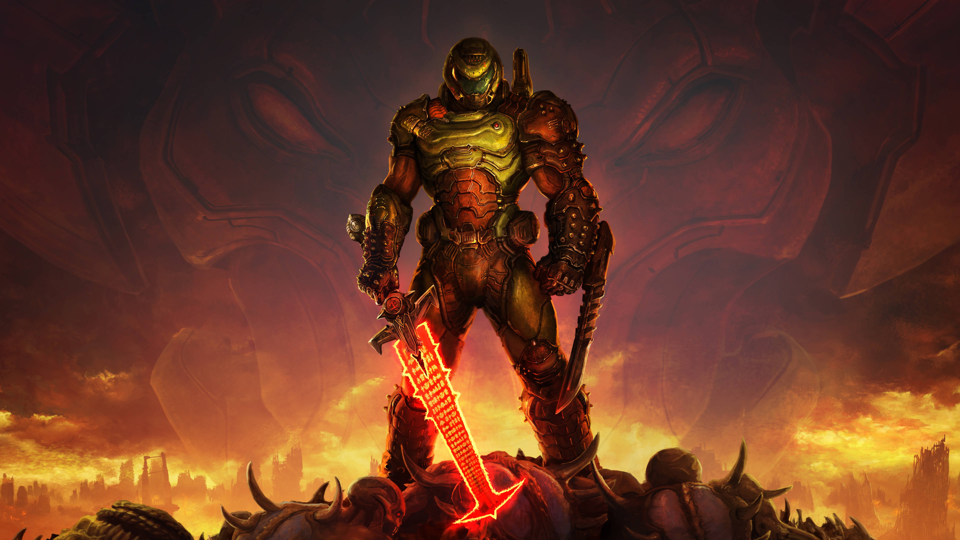 Doom Eternal, warrior, glowing red sword, 4K Desktop Wallpaper