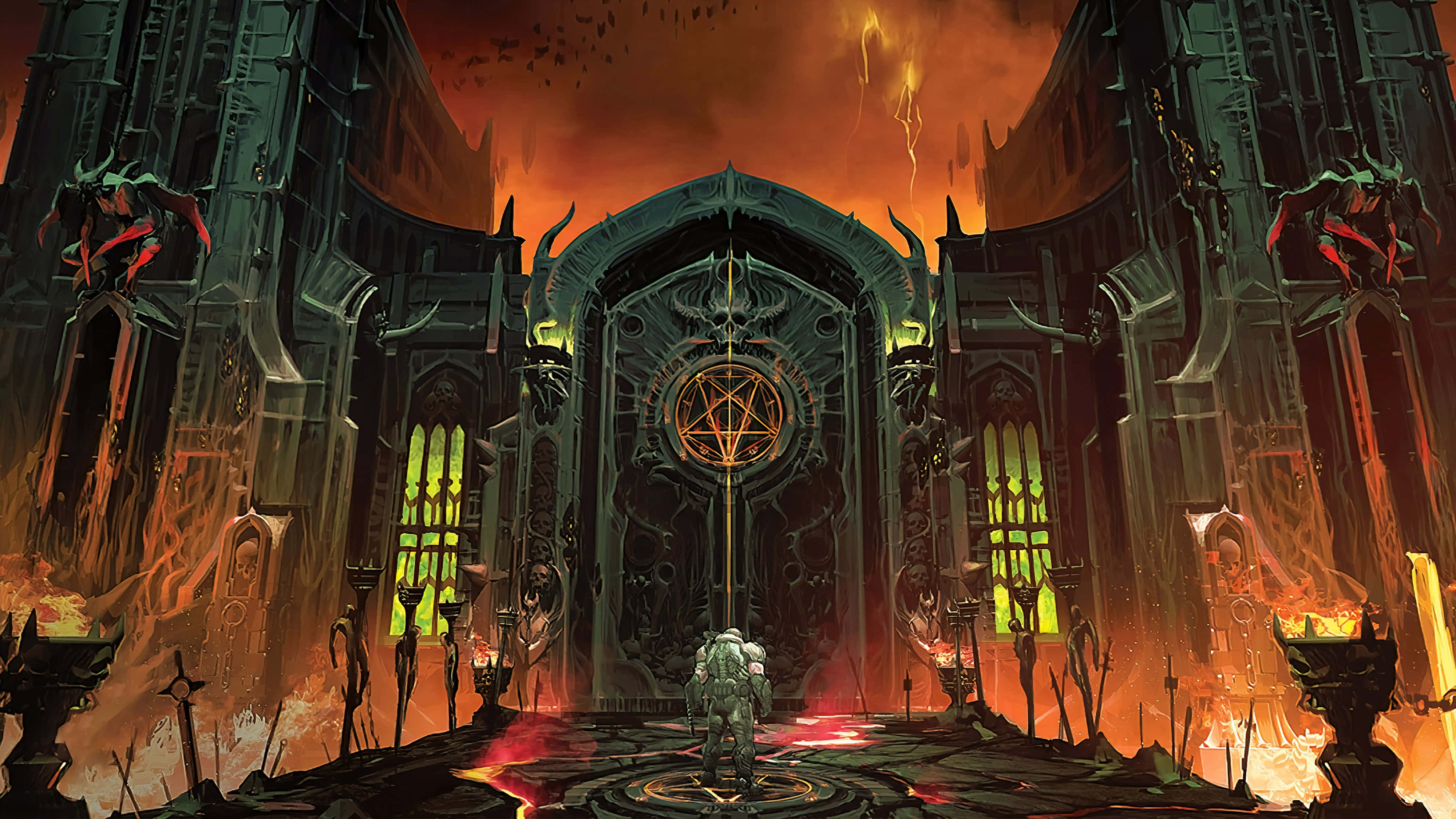 Doom Eternal, ornate gate, fiery demonic cathedral, 4K Desktop Wallpaper