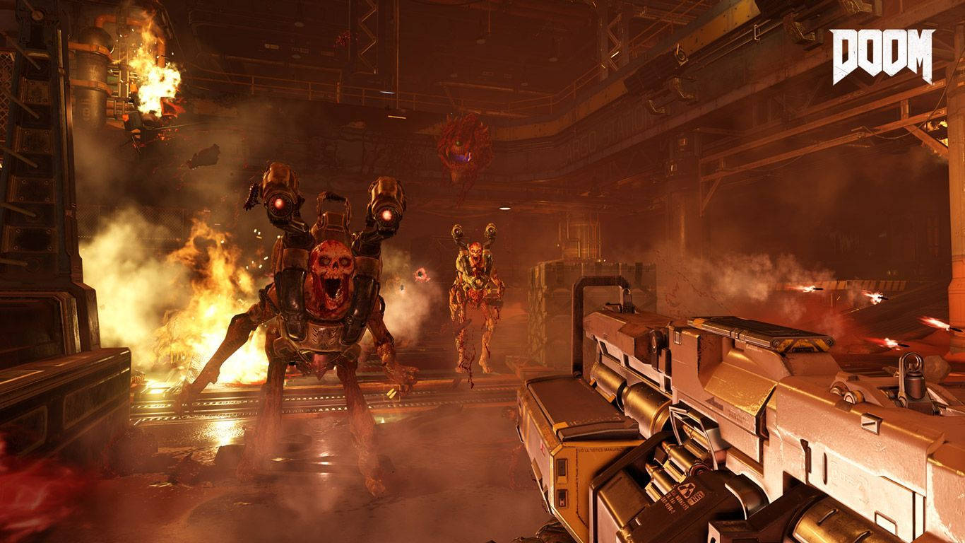 Doom Eternal, fiery industrial battlefield, grotesque demonic enemies, HD Desktop Wallpaper