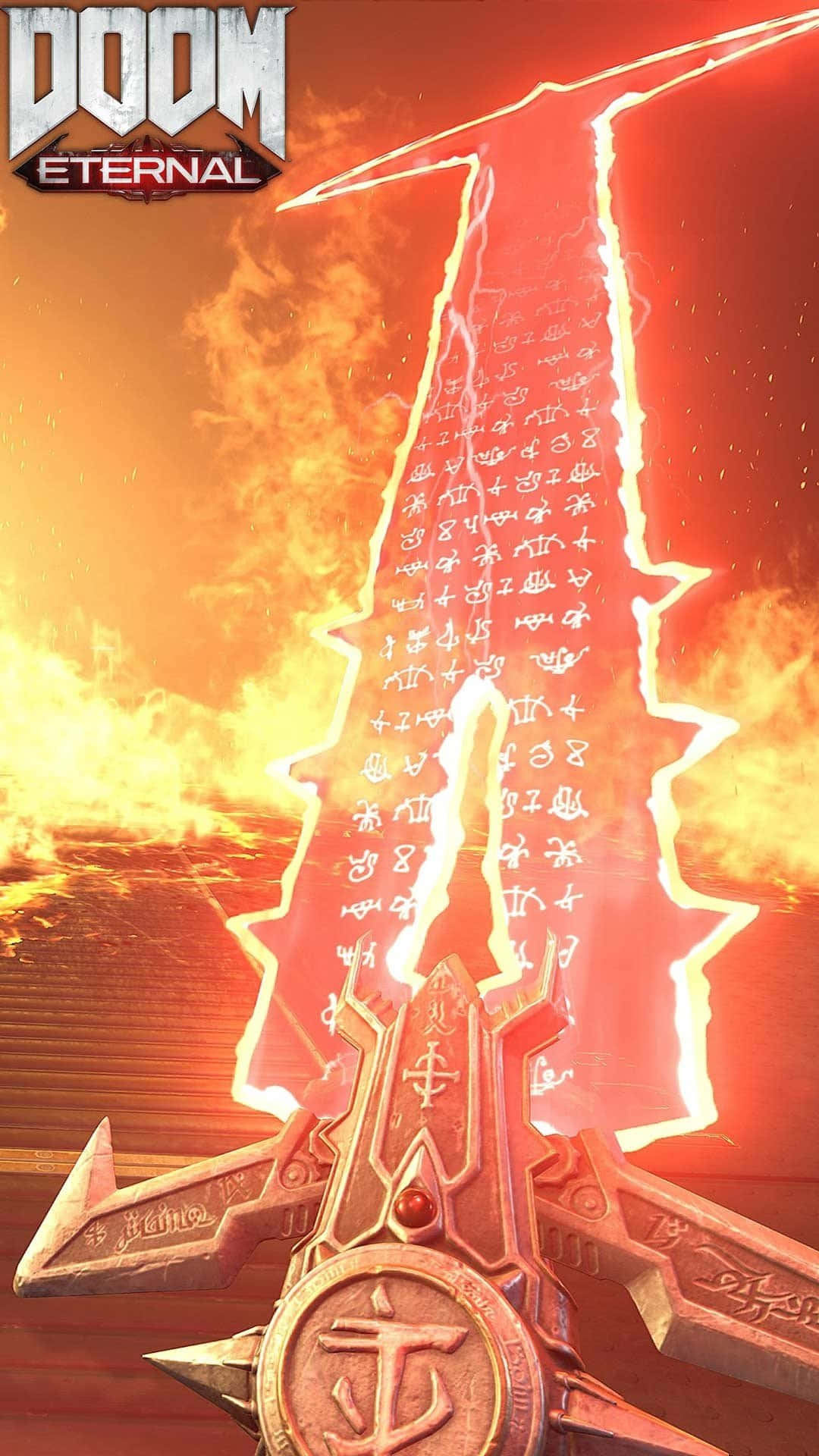 Doom Eternal, glowing red sword, ancient runes, Full HD Phone Wallpaper